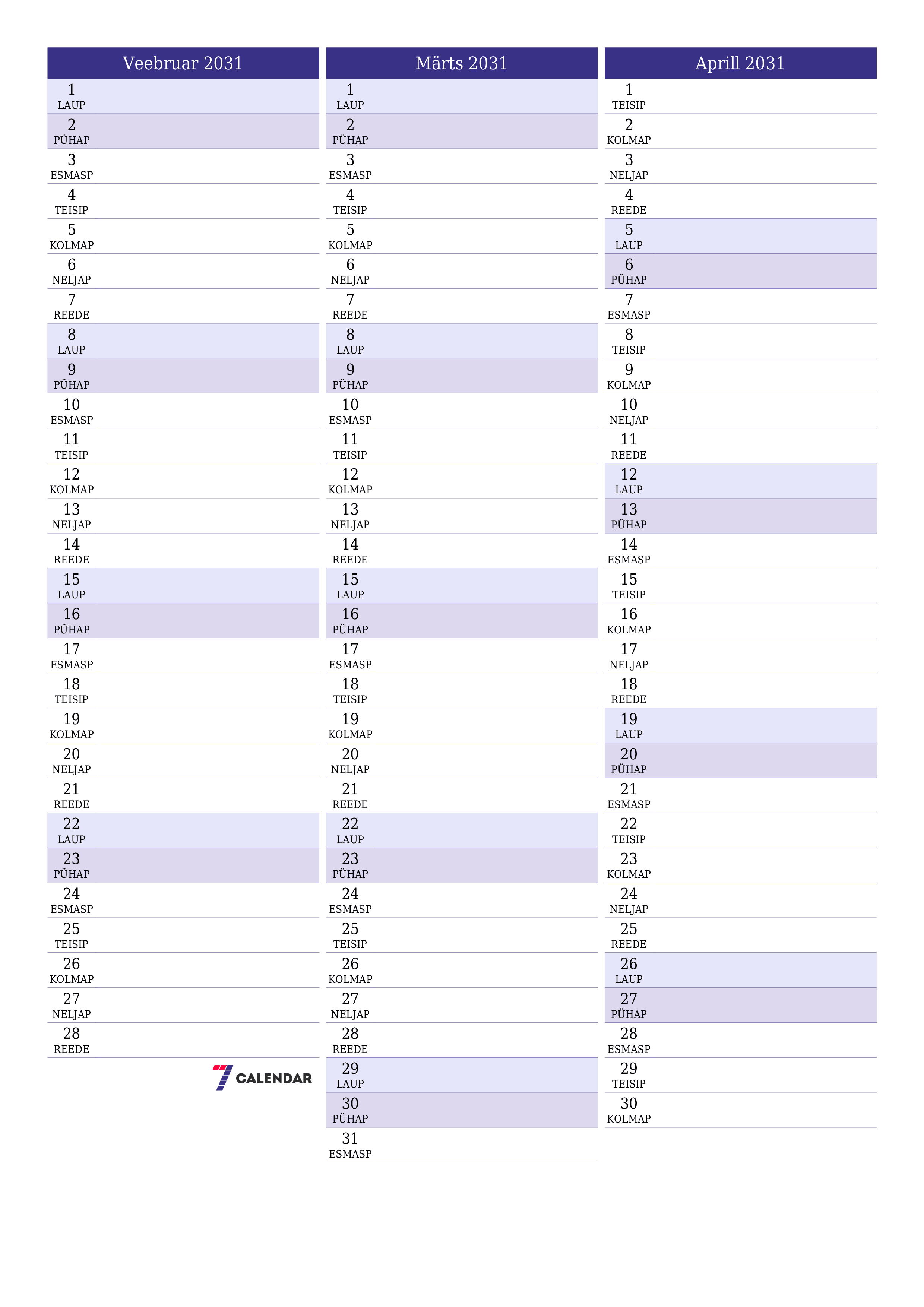 prinditav seina kalendri mall tasuta vertikaalne Igakuine planeerija kalender Veebruar (Veebr) 2031