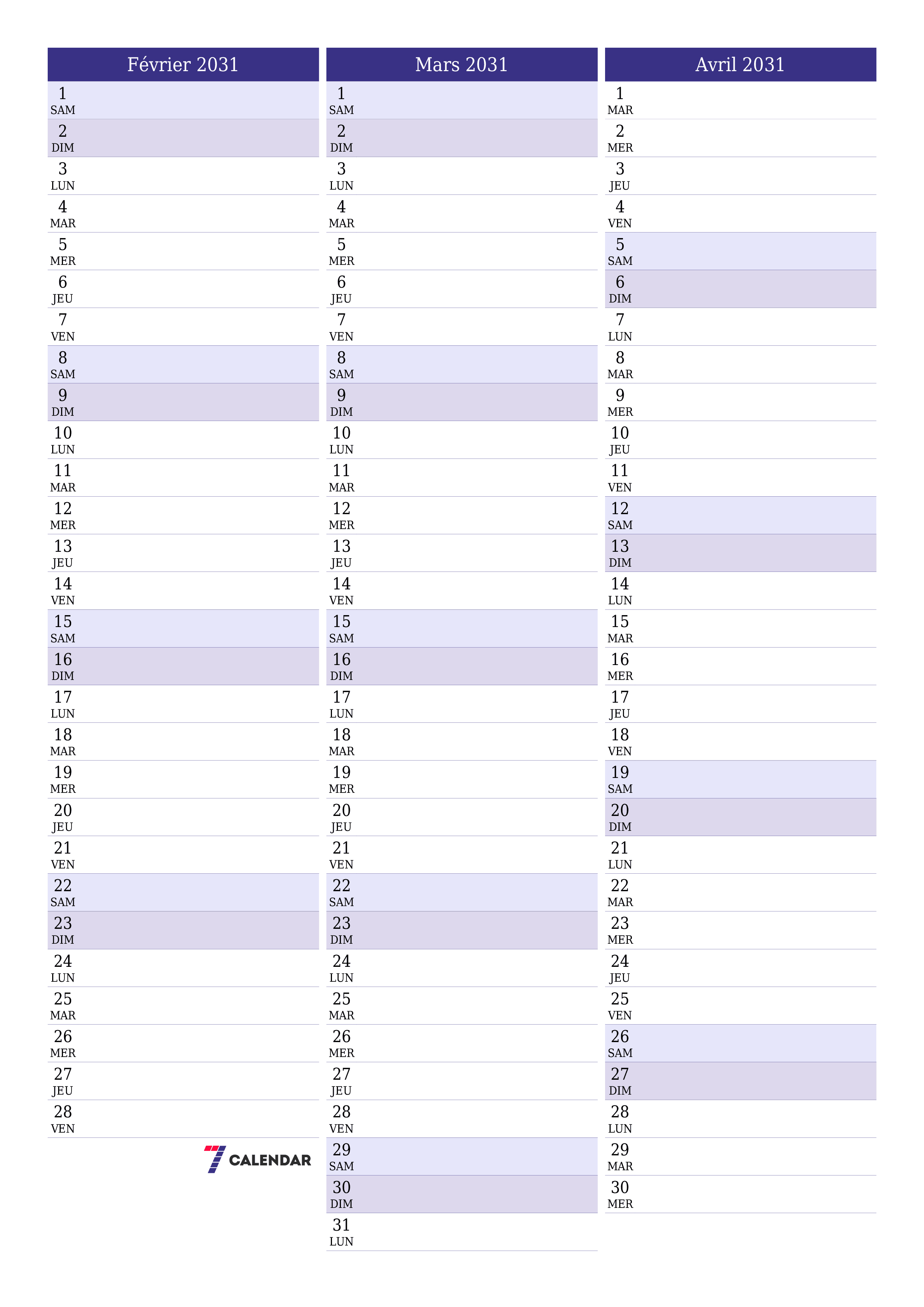Agenda mensuel vide pour le mois Février 2031 avec notes, enregistrez et imprimez au format PDF PNG French