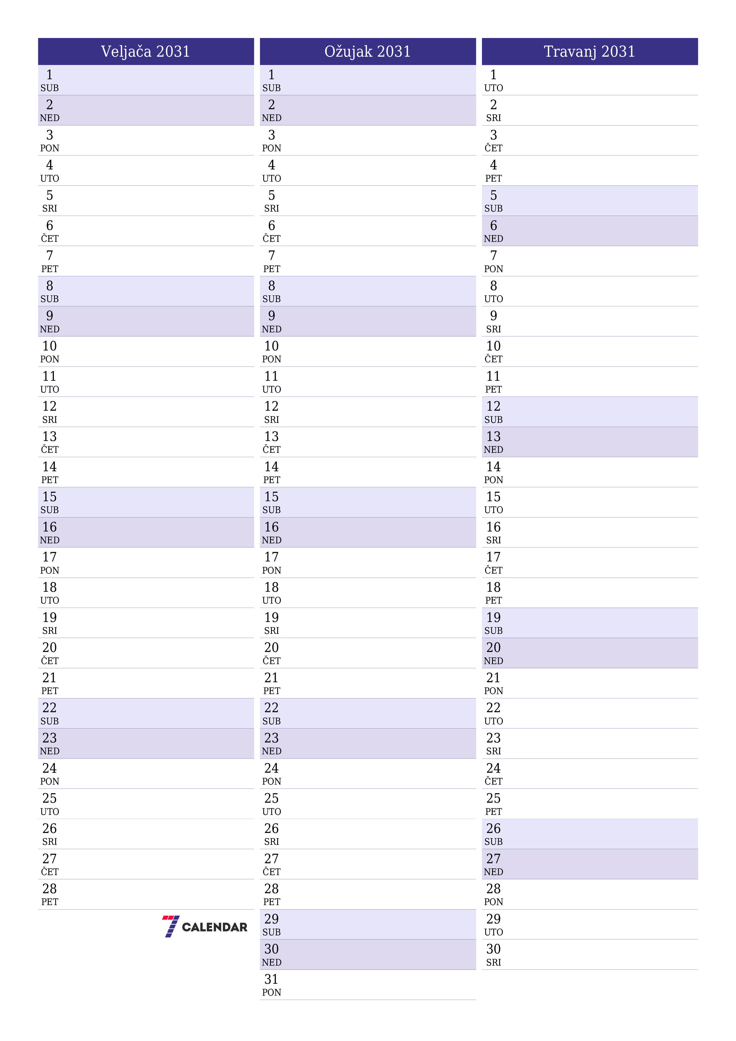  za ispis zidni predložak a besplatni okomito Mjesečni planer kalendar Veljača (Vel) 2031
