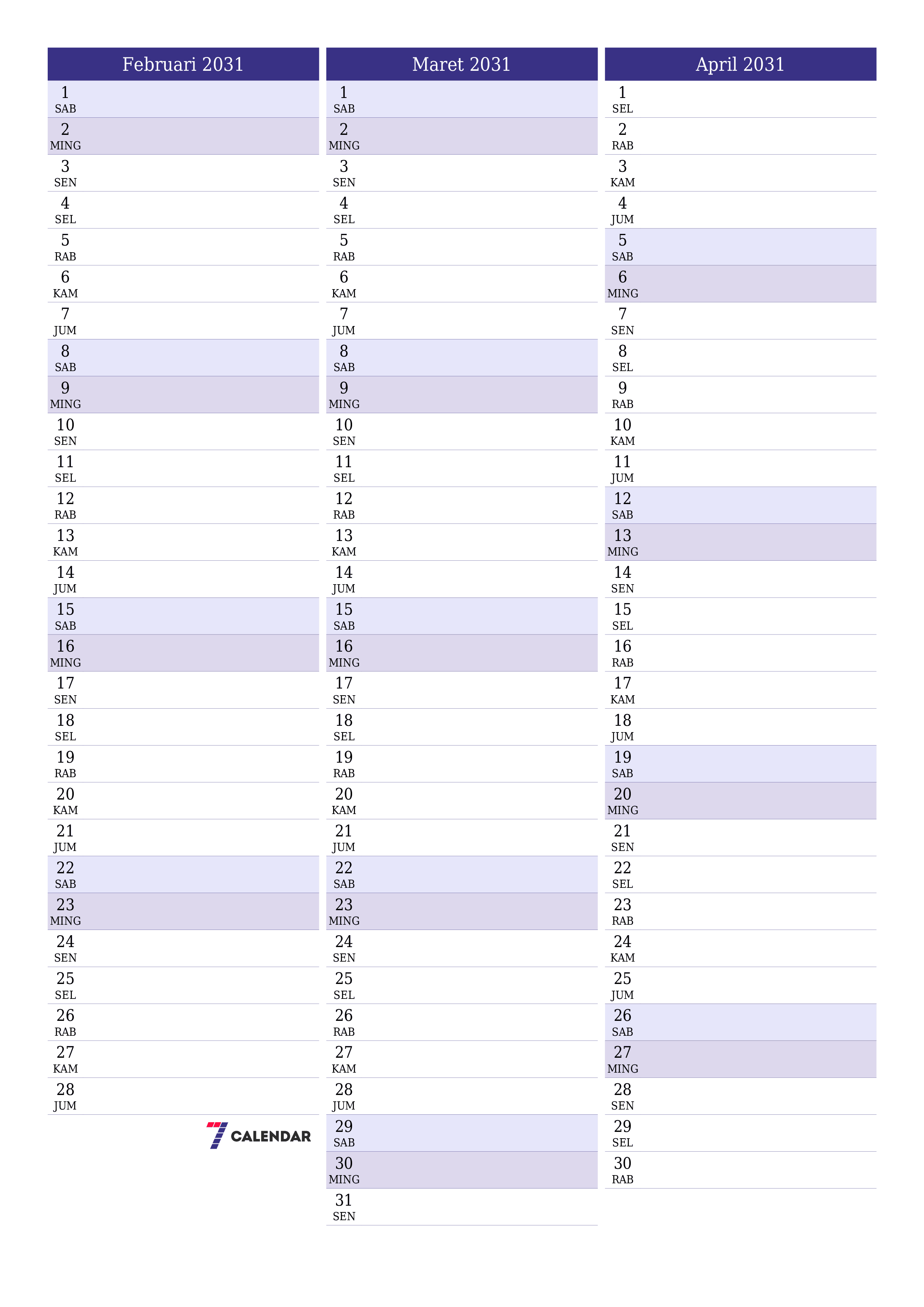  yang dapat dicetak dinding templat gratisvertikal Bulanan perencana kalender Februari (Feb) 2031