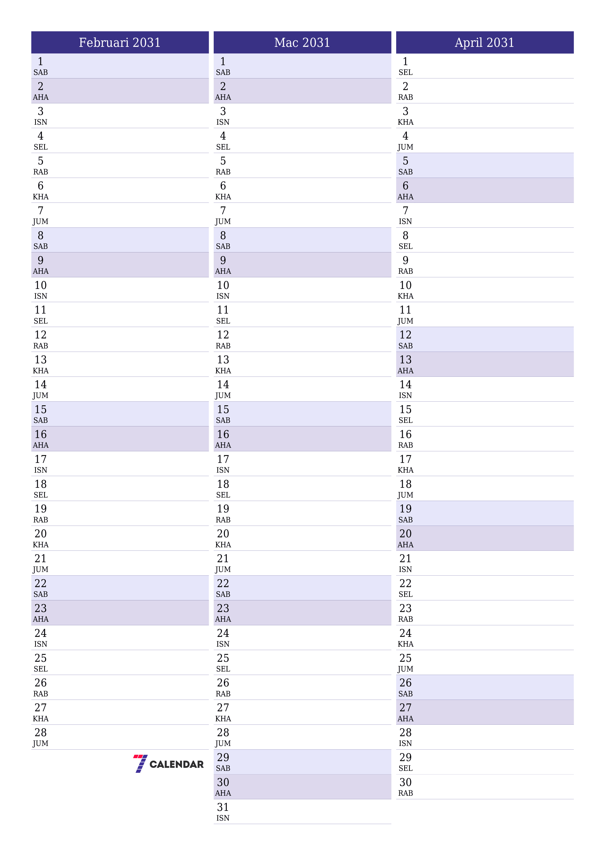  boleh cetak dinding templat percumamenegak Bulanan perancang kalendar Februari (Feb) 2031