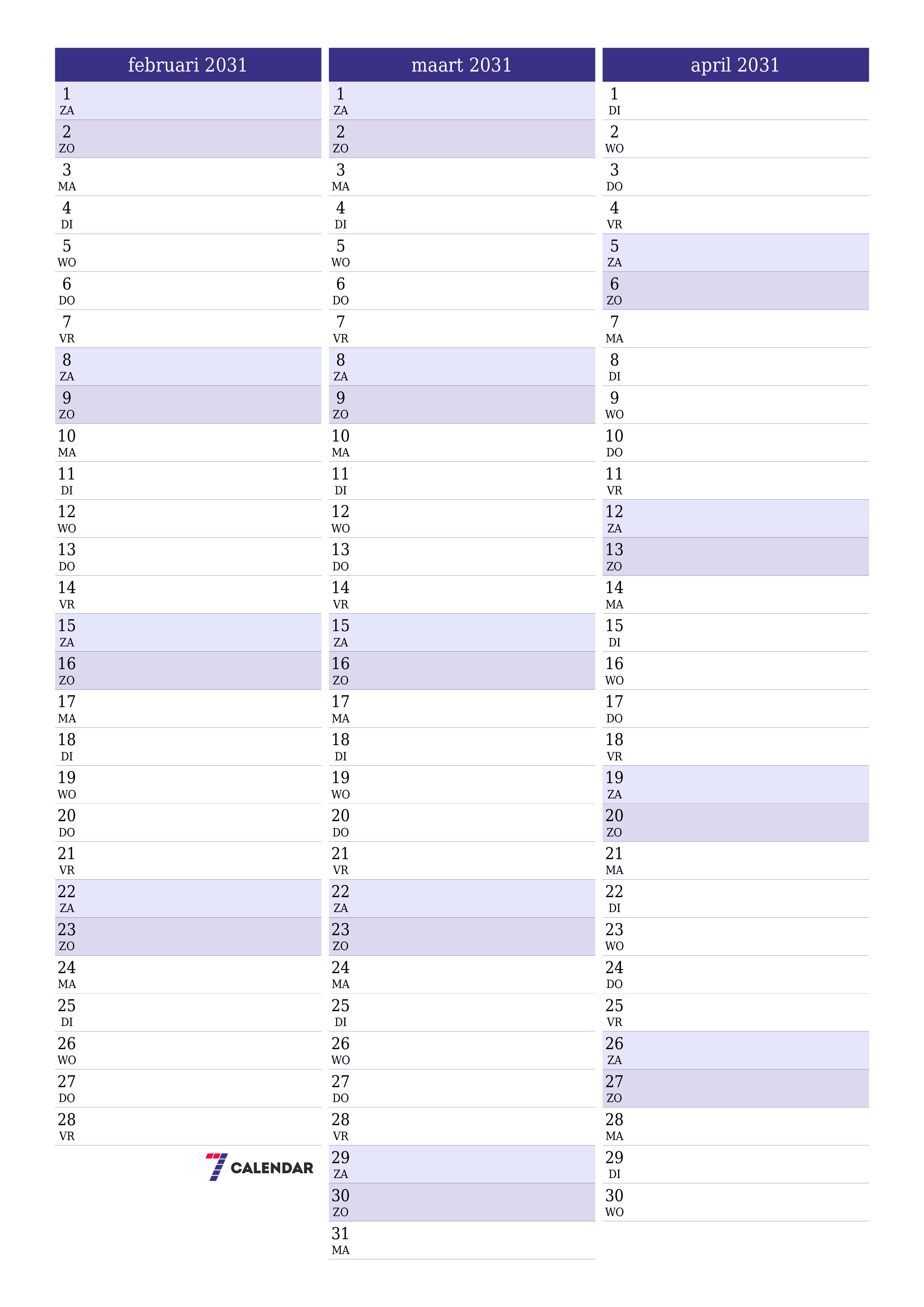 afdrukbare muur sjabloon gratis verticaal Maandelijks planner kalender februari (feb) 2031