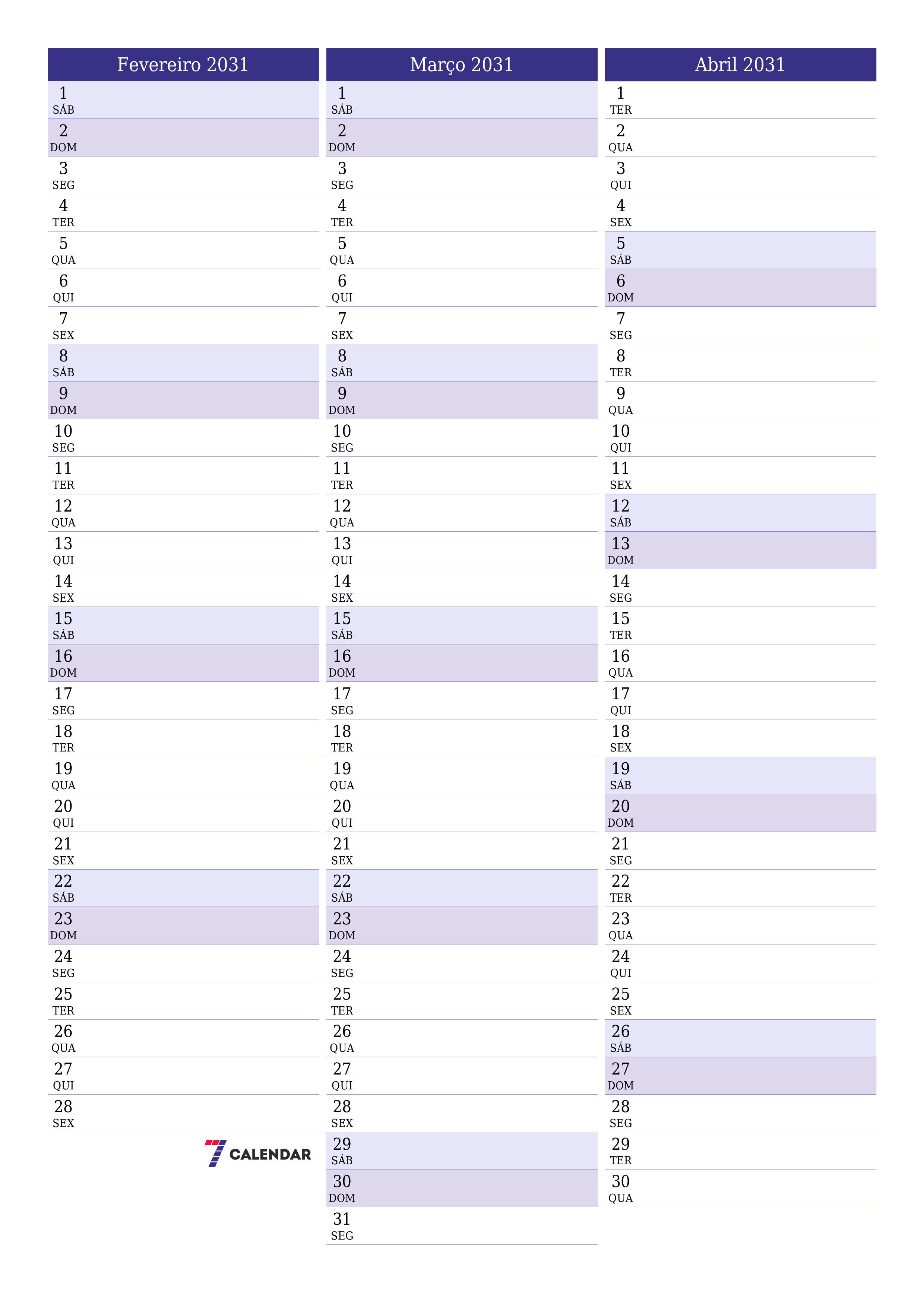  para impressão de parede modelo de grátisvertical Mensal planejador calendário Fevereiro (Fev) 2031