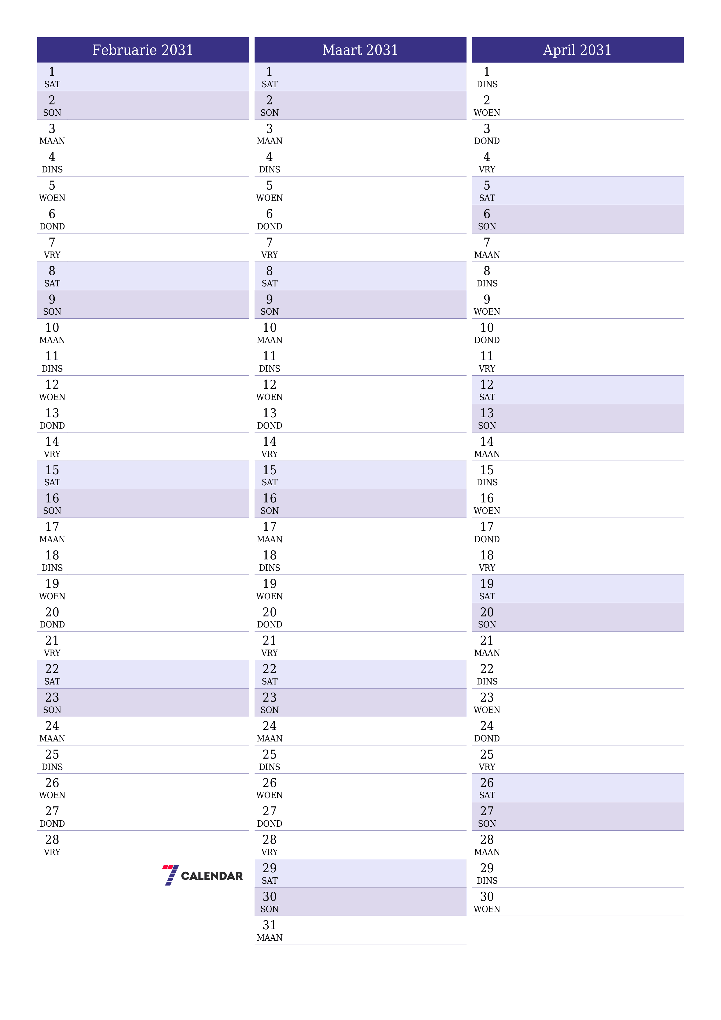 drukbare muur template gratis vertikaal Maandeliks beplanner kalender Februarie (Feb) 2031