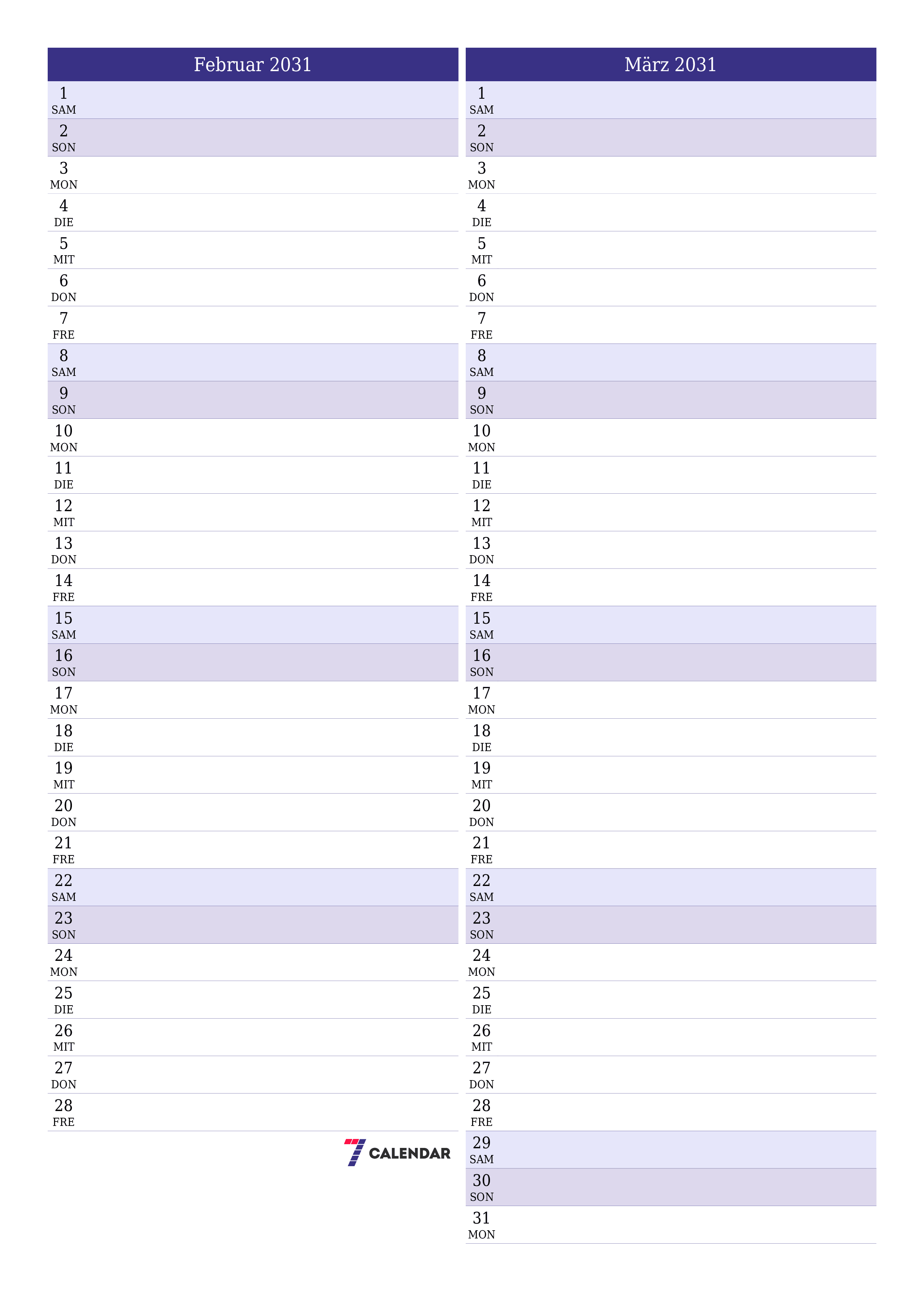  zum Ausdrucken Wandkalender vorlage kostenloser vertikal Monatlich Planer Kalender Februar (Feb) 2031