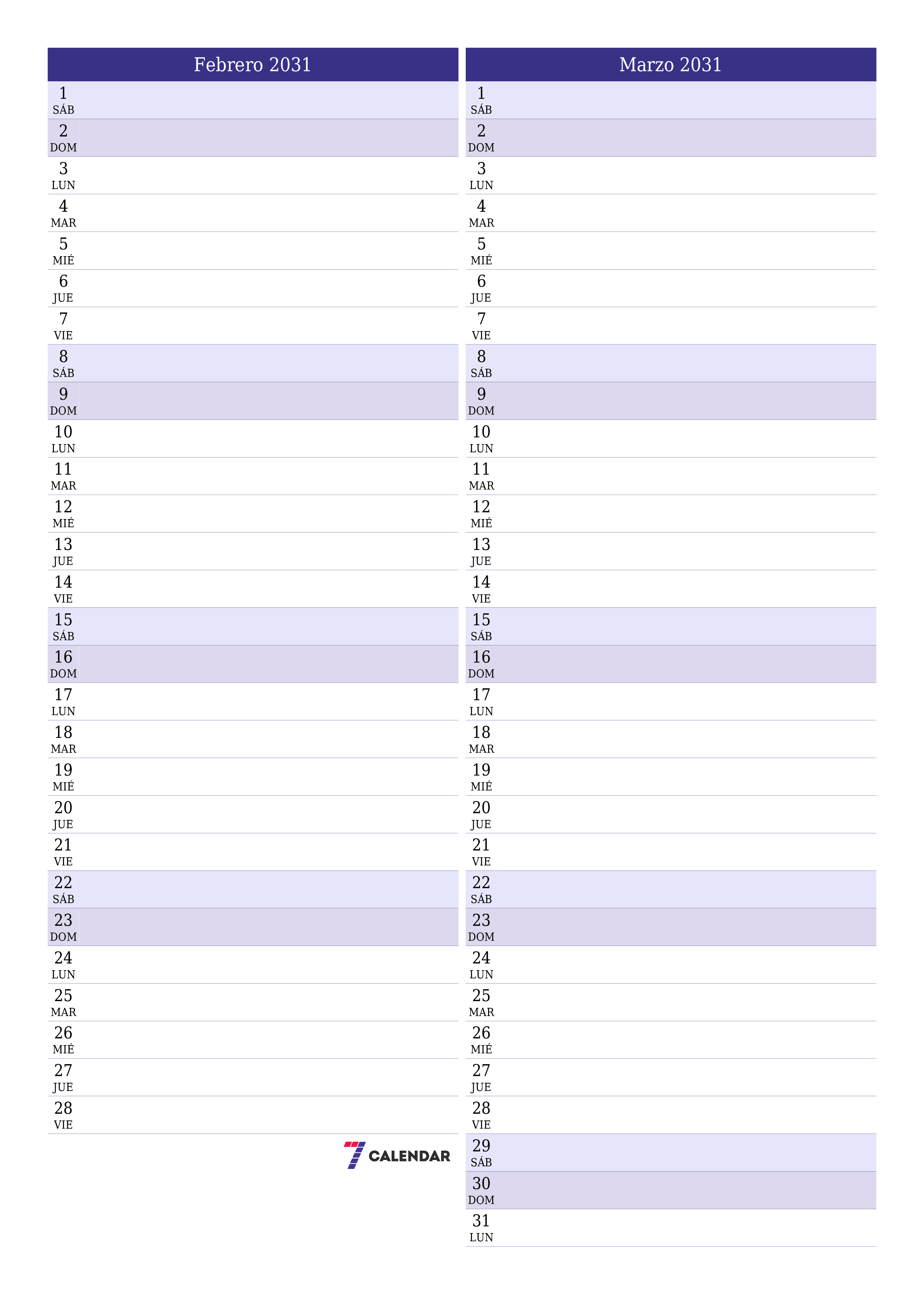  imprimible de pared plantilla de gratisvertical Mensual planificador calendario Febrero (Feb) 2031