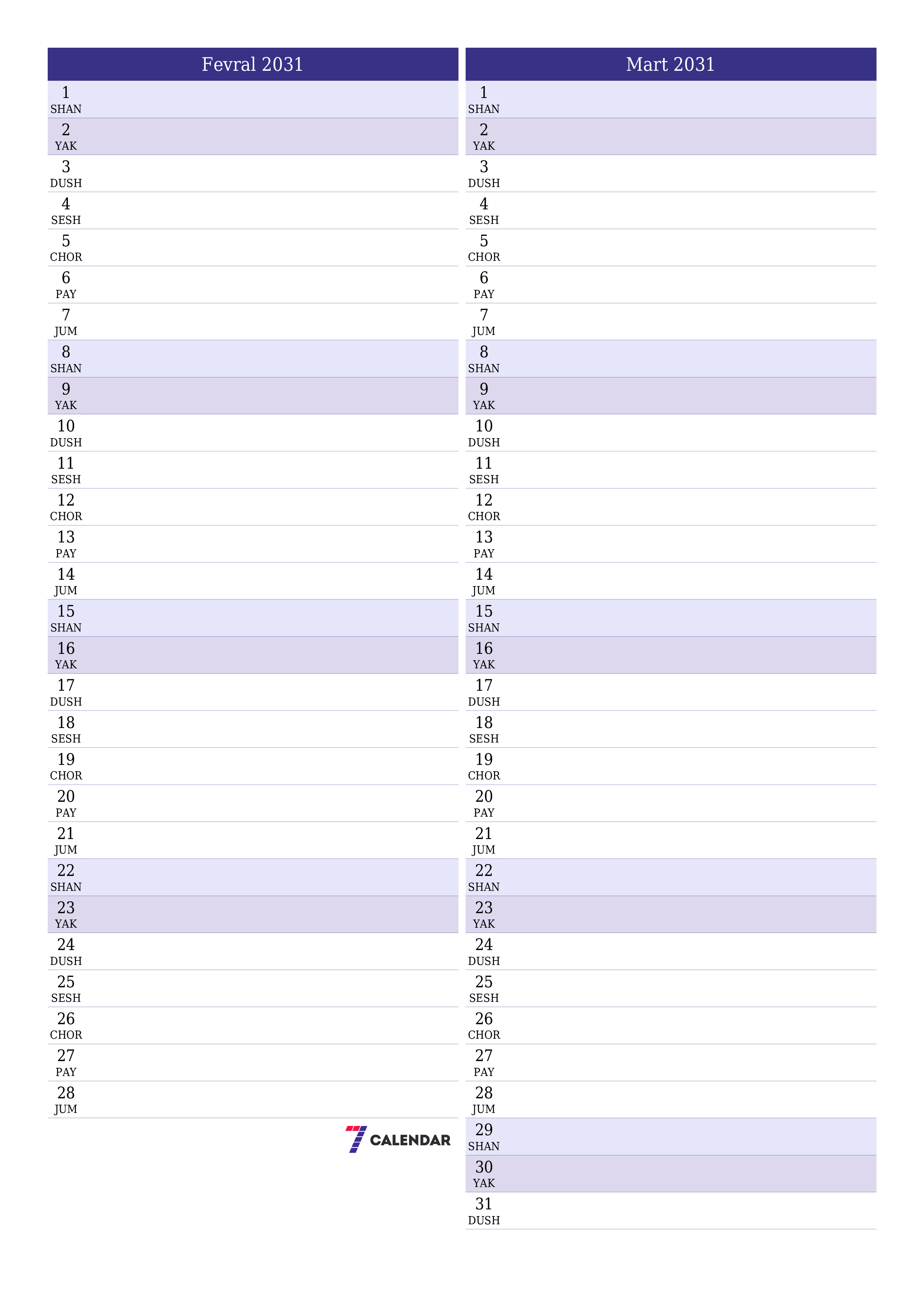 Fevral 2031 oylik oylik rejalashtiruvchini yozuvlar bilan bo'shatish, saqlash va PDF-ga chop etish PNG Uzbek