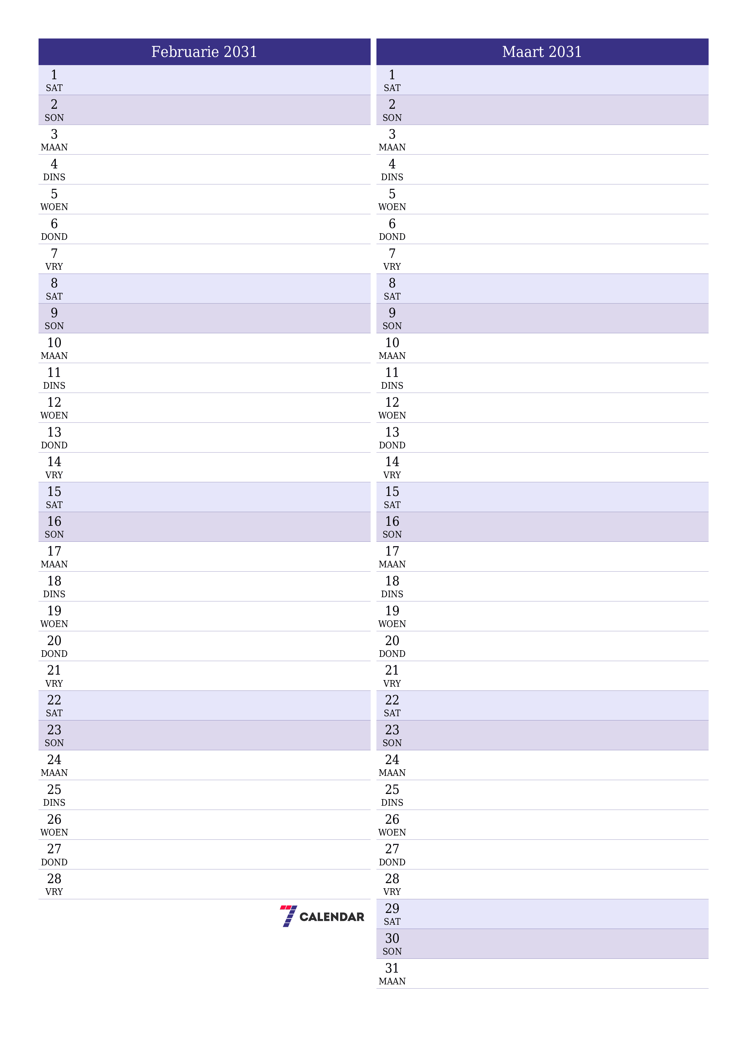 drukbare muur template gratis vertikaal Maandeliks beplanner kalender Februarie (Feb) 2031