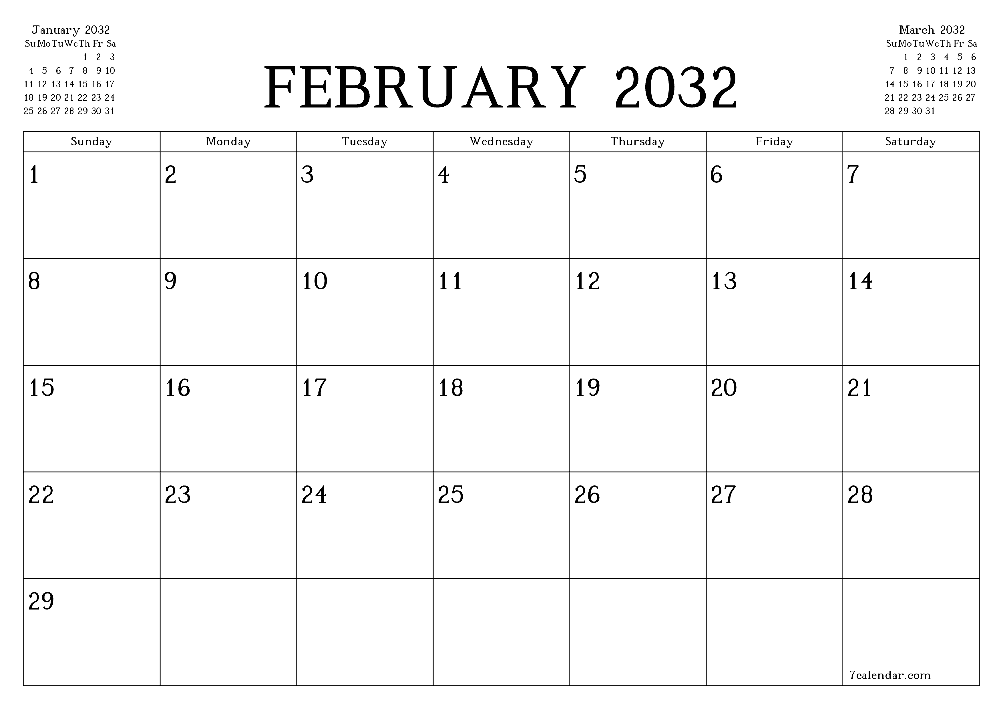 Blank calendar February 2032