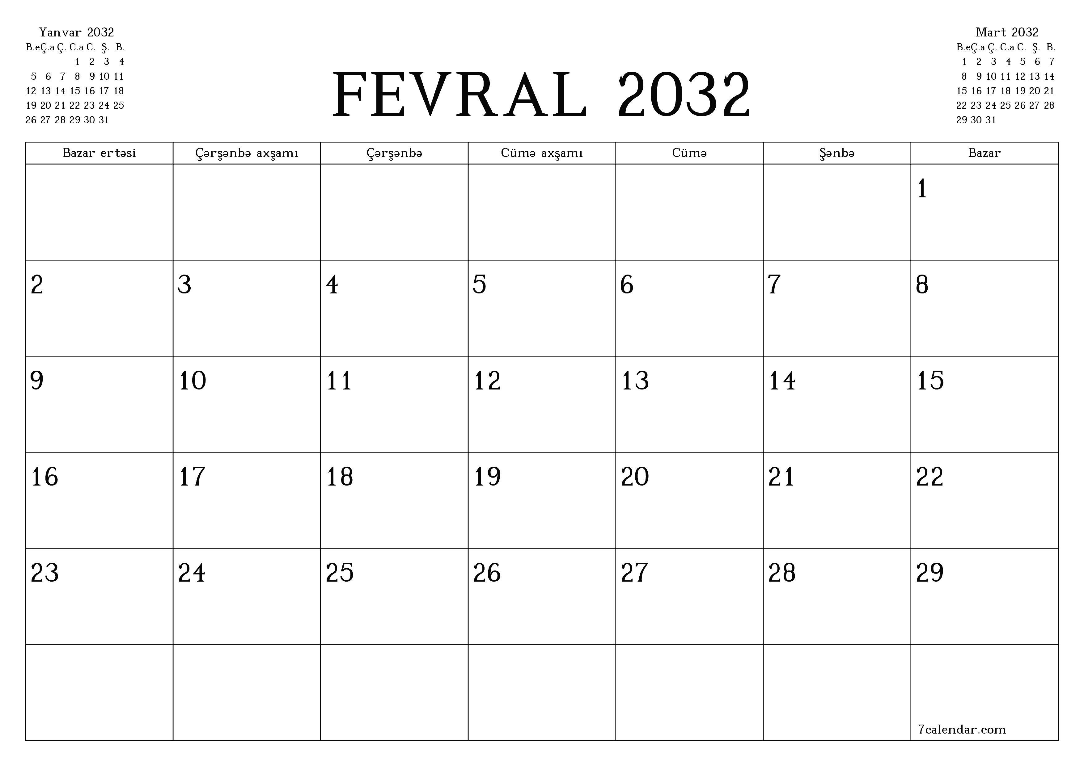 Fevral 2032 ayı üçün qeydlər ilə boş aylıq planlayıcı, qeyd edin və PDF-ə yazdırın PNG Azerbaijani