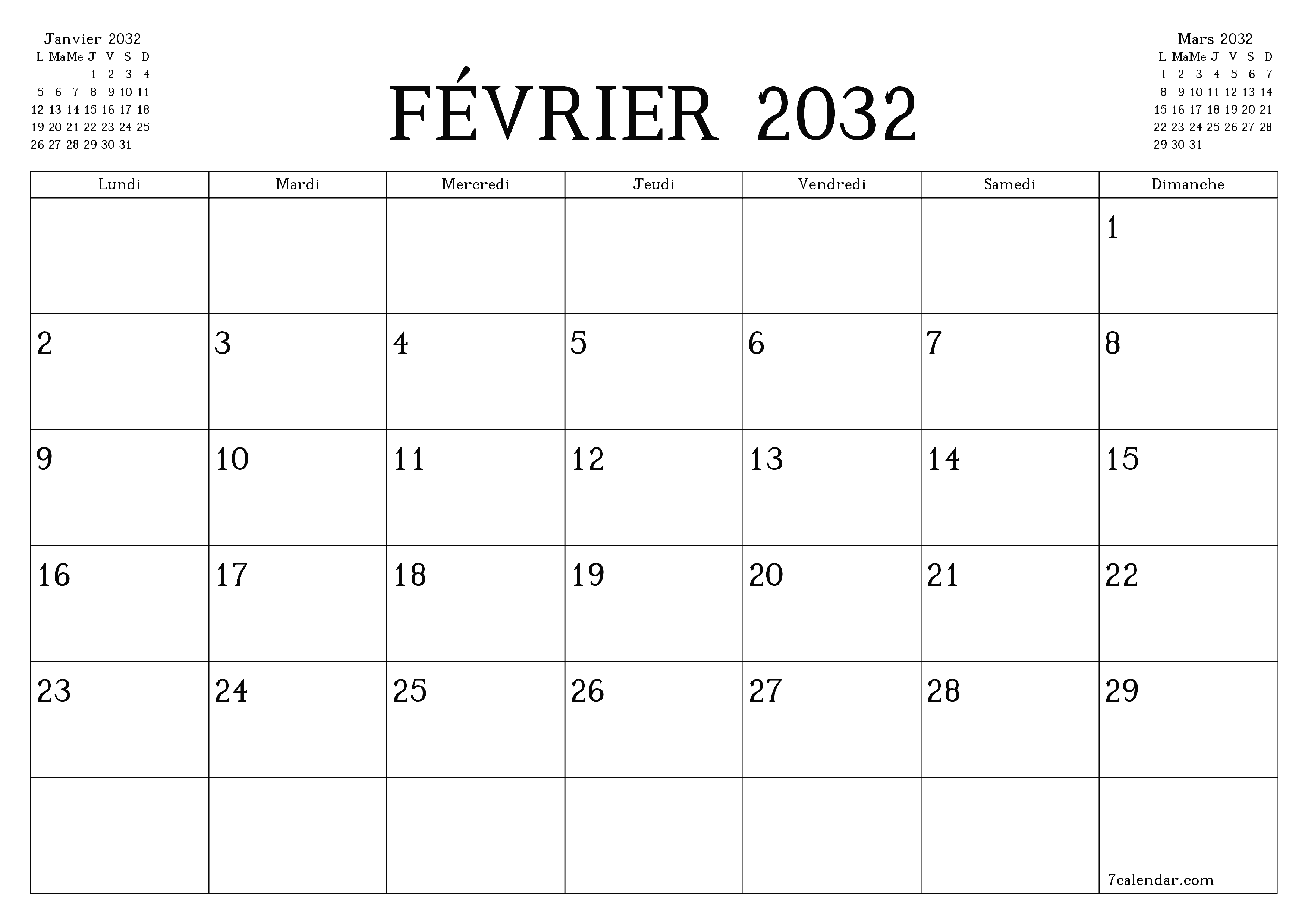 Agenda mensuel vide pour le mois Février 2032 avec notes, enregistrez et imprimez au format PDF PNG French