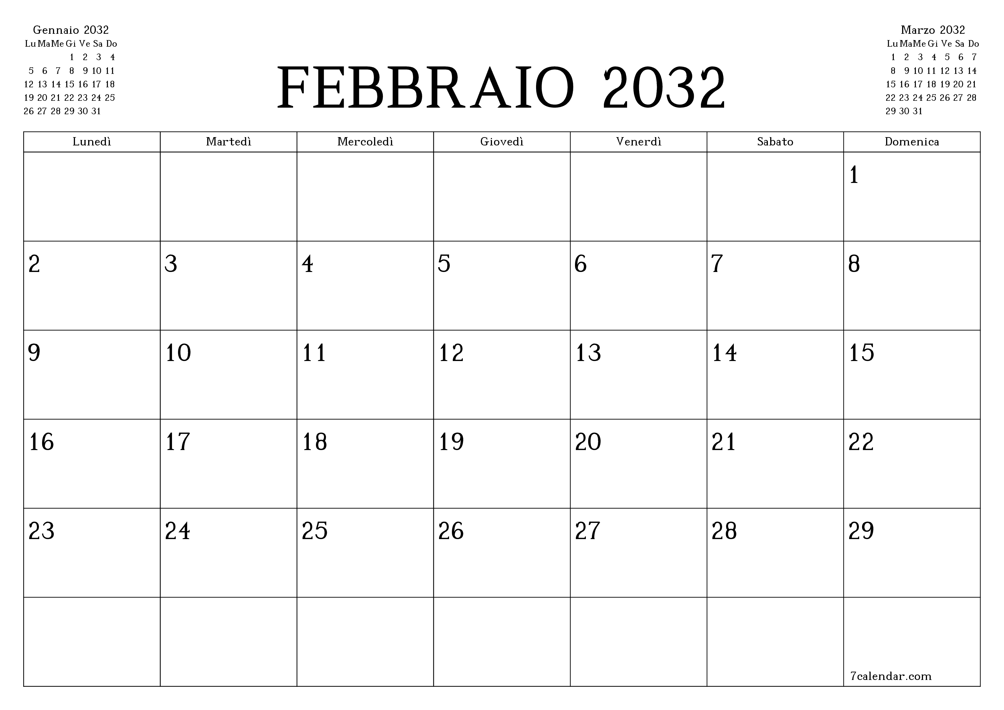 Pianificatore mensile vuoto per il mese Febbraio 2032 con note, salva e stampa in PDF PNG Italian