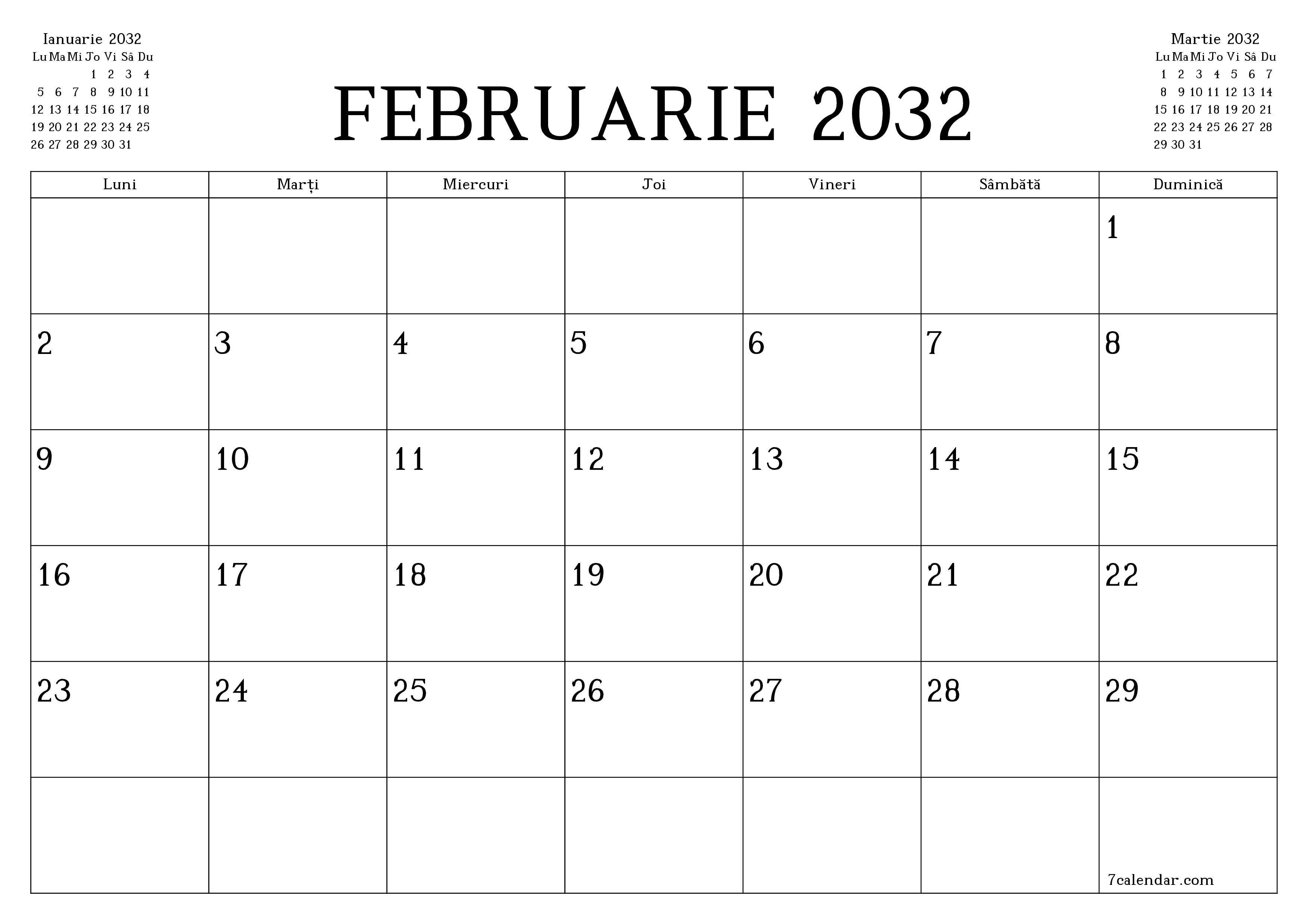 Planificator lunar gol pentru luna Februarie 2032 cu note, salvați și tipăriți în PDF PNG Romanian