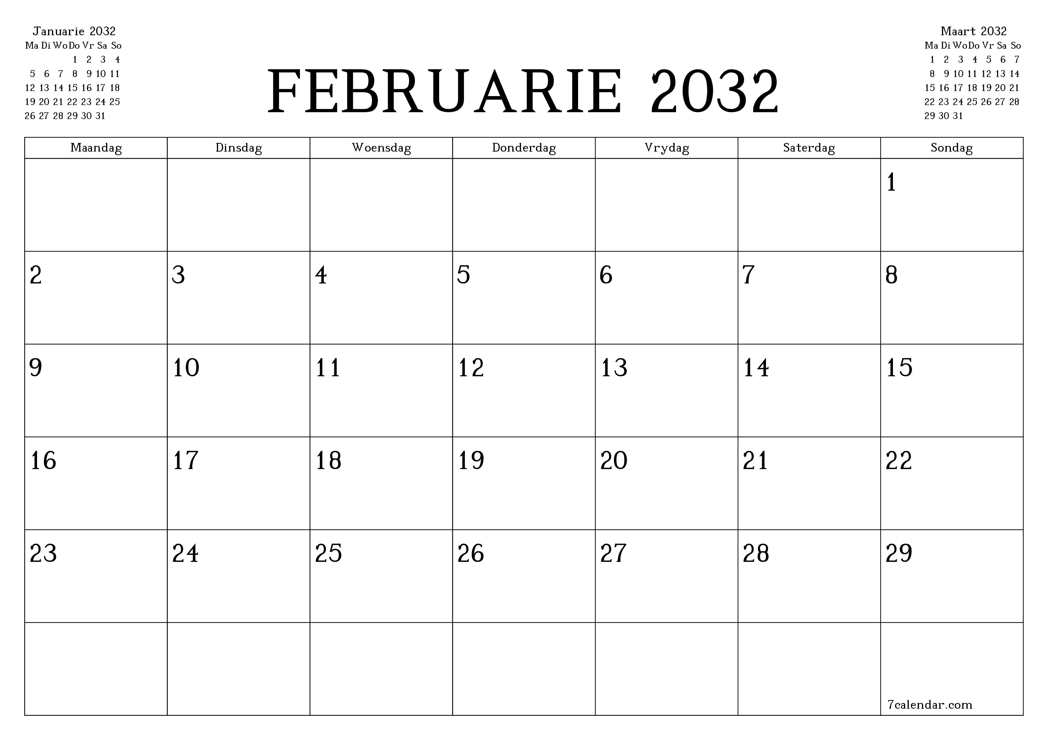 Leë maandelikse drukbare kalender en beplanner vir maand Februarie 2032 met notas stoor en druk na PDF PNG Afrikaans