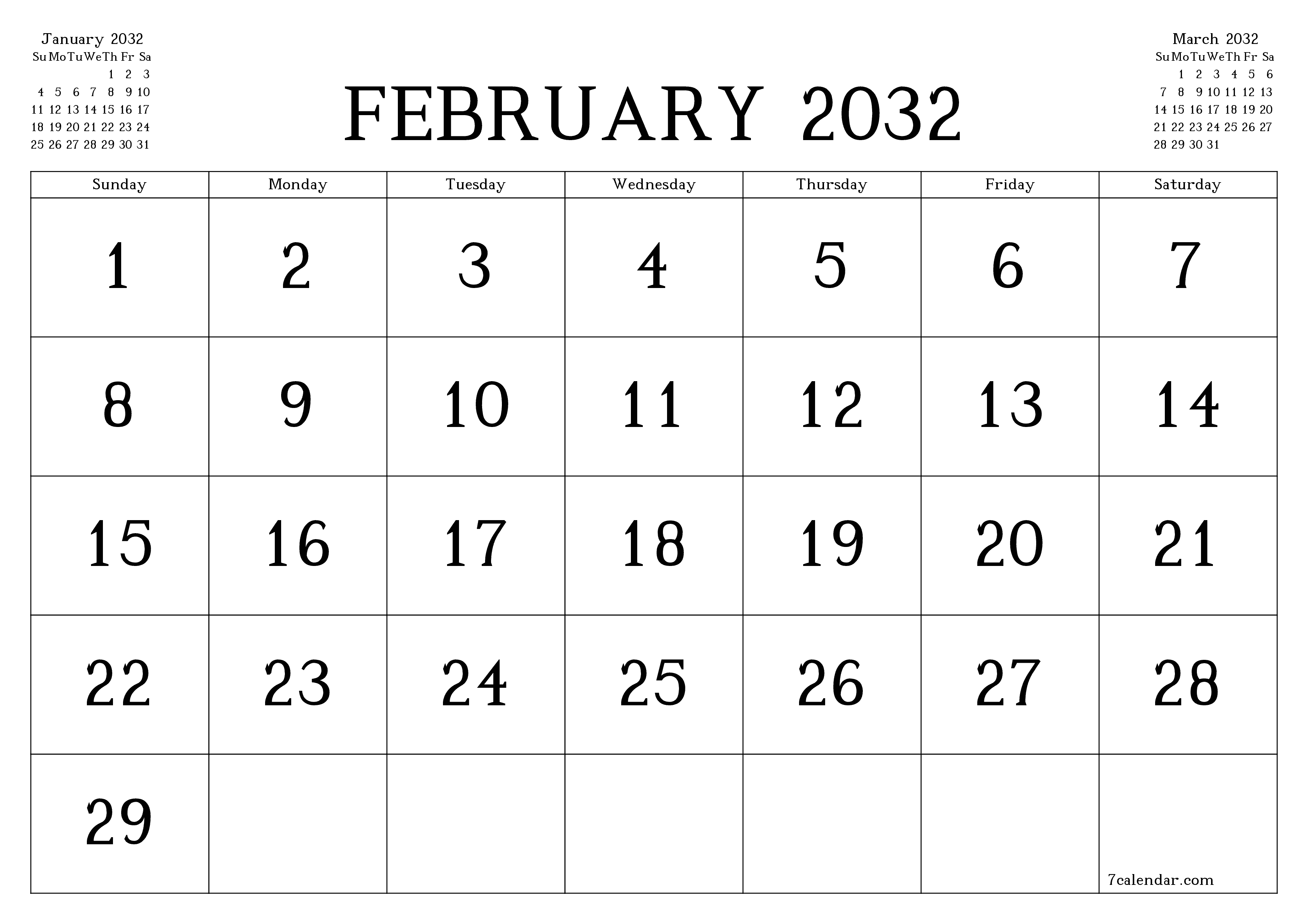 Blank calendar February 2032