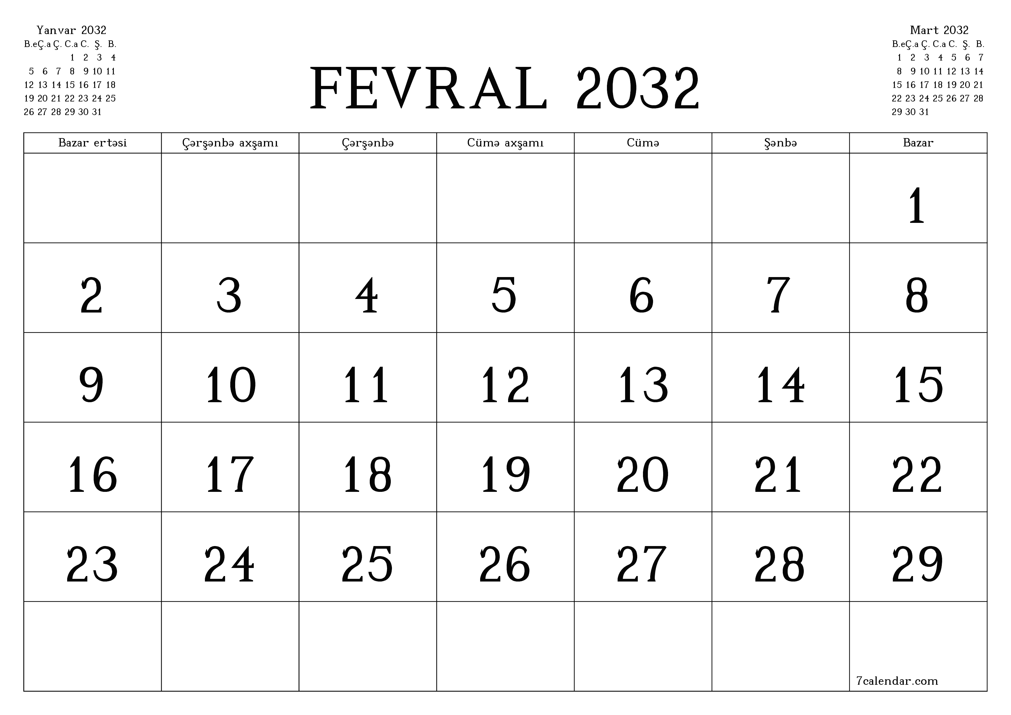 Fevral 2032 ayı üçün qeydlər ilə boş aylıq planlayıcı, qeyd edin və PDF-ə yazdırın PNG Azerbaijani