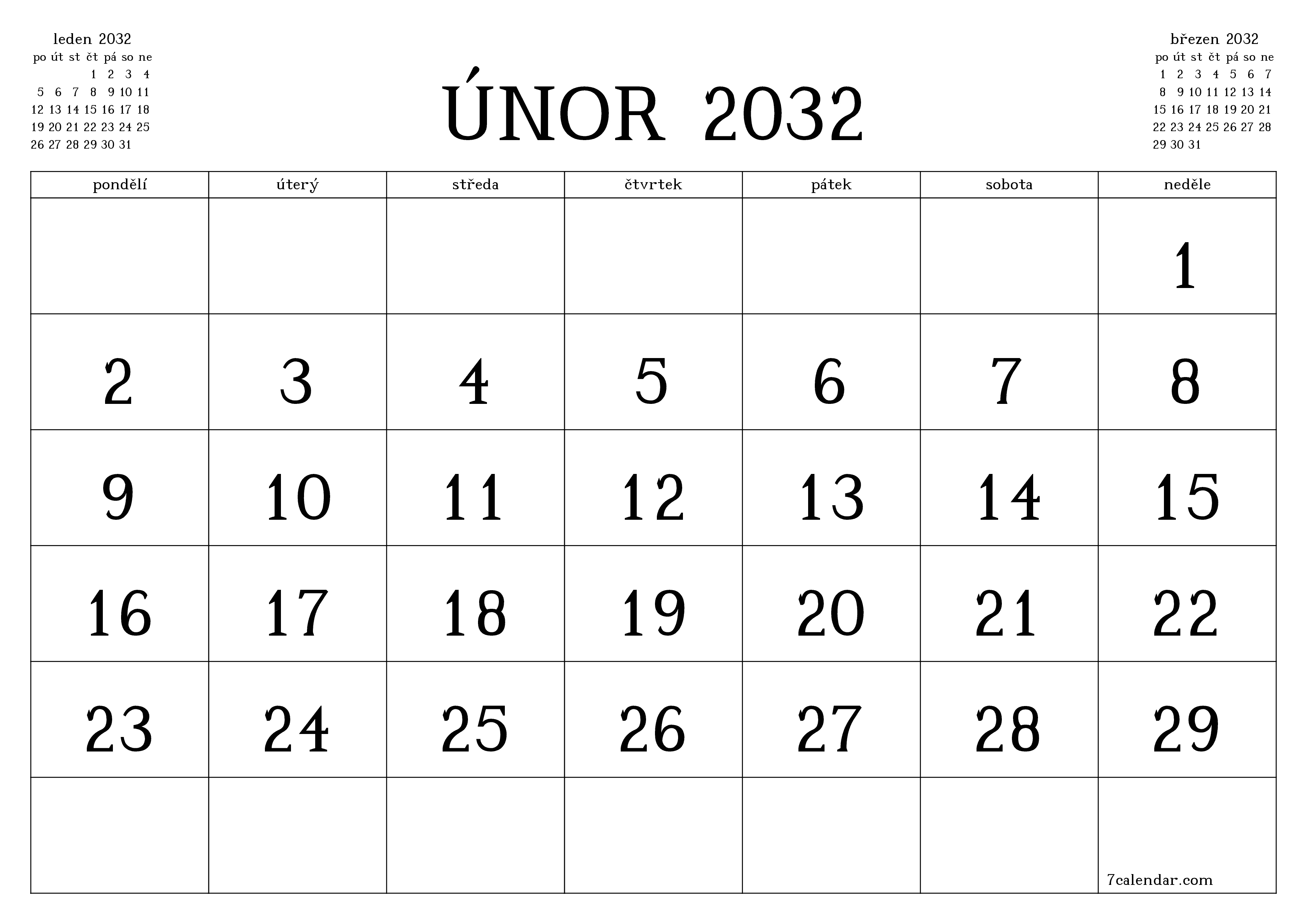 Vyprázdnit měsíční plánovač na měsíc únor 2032 s poznámkami, uložit a vytisknout do PDF PNG Czech