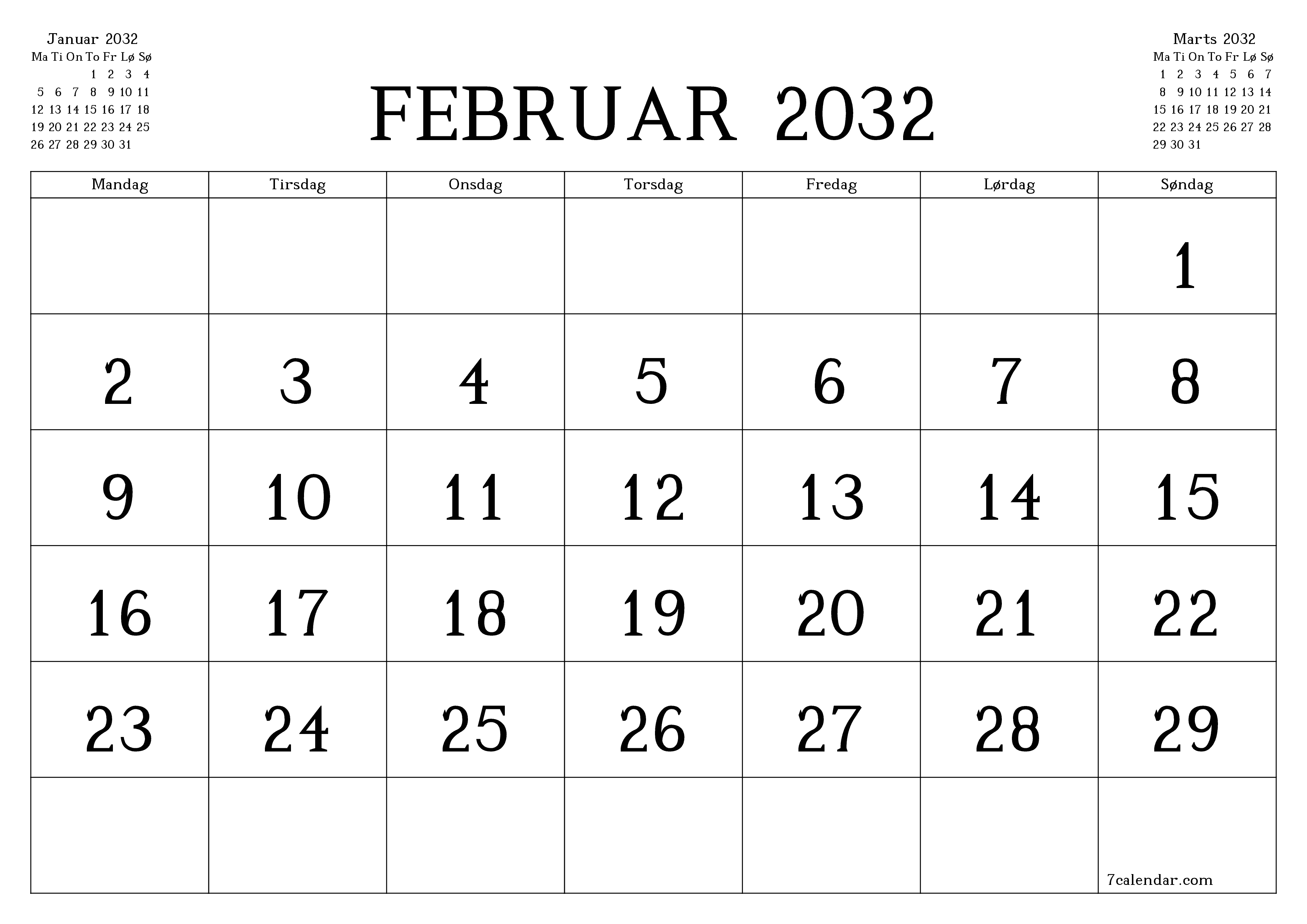 Tom månedlig planlægning for måned Februar 2032 med noter, gem og udskriv til PDF PNG Danish