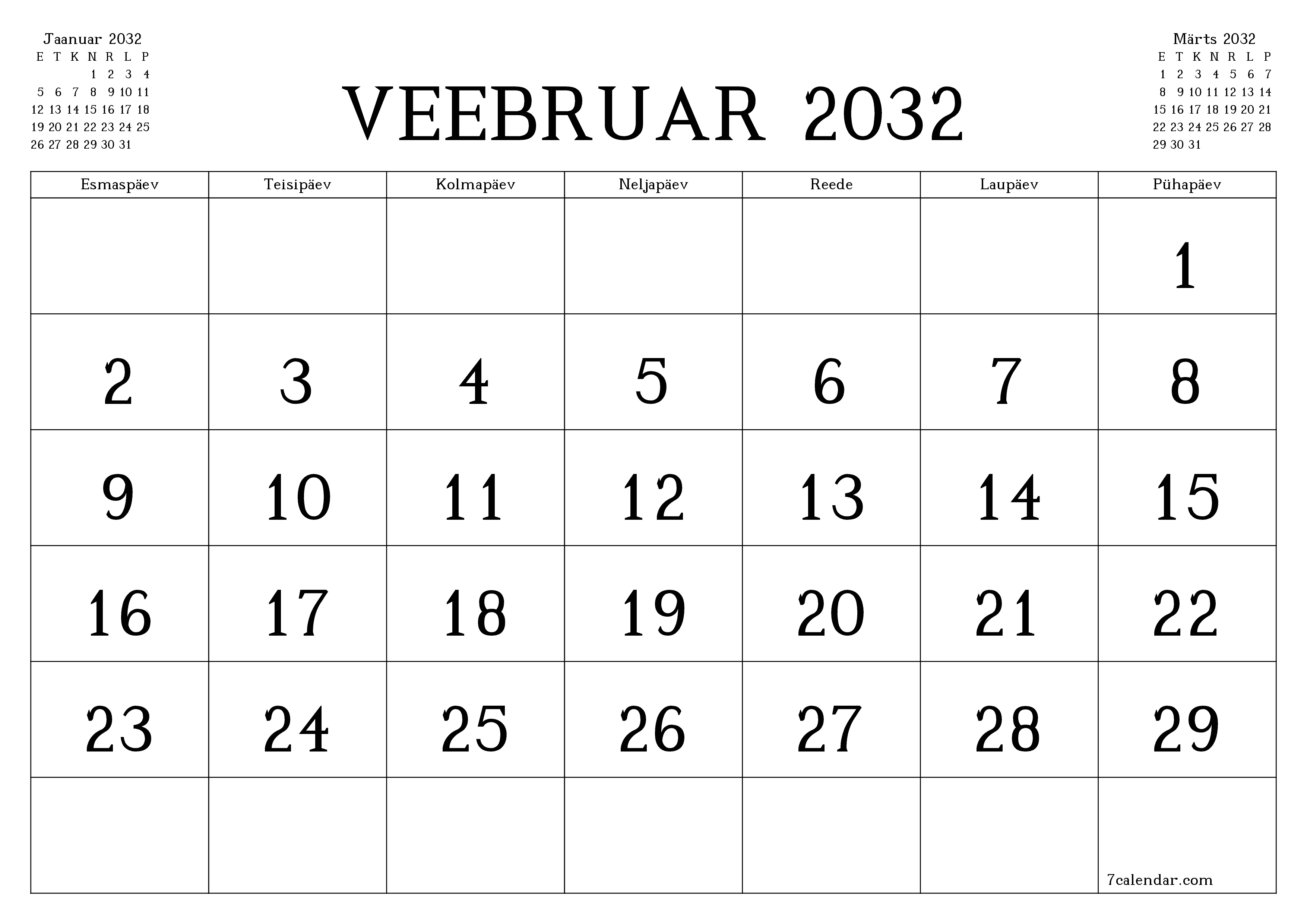 Tühjendage kuu Veebruar 2032 kuuplaneerija märkmetega, salvestage ja printige PDF-i PNG Estonian