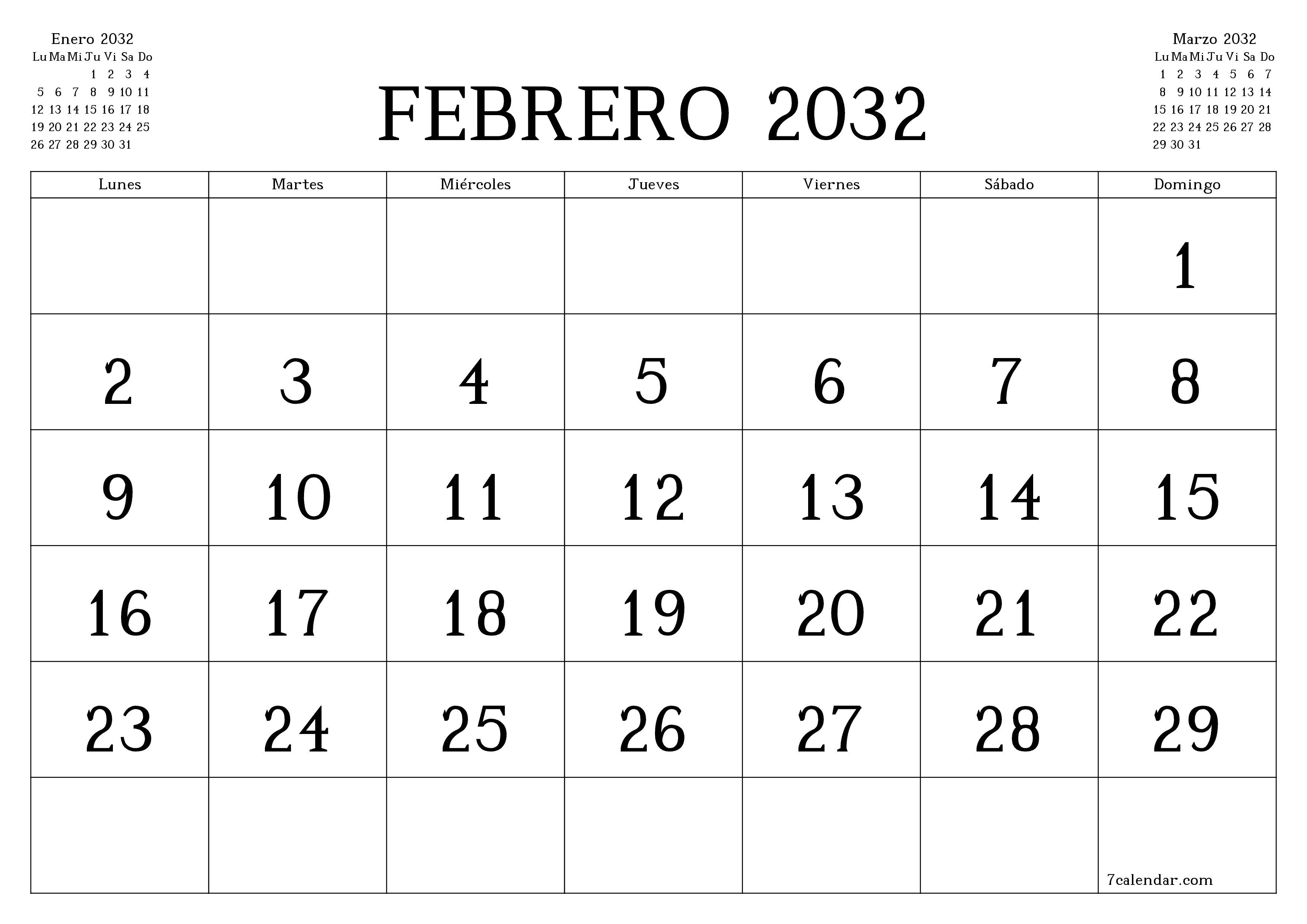 Planificador mensual vacío para el mes Febrero 2032 con notas, guardar e imprimir en PDF PNG Spanish