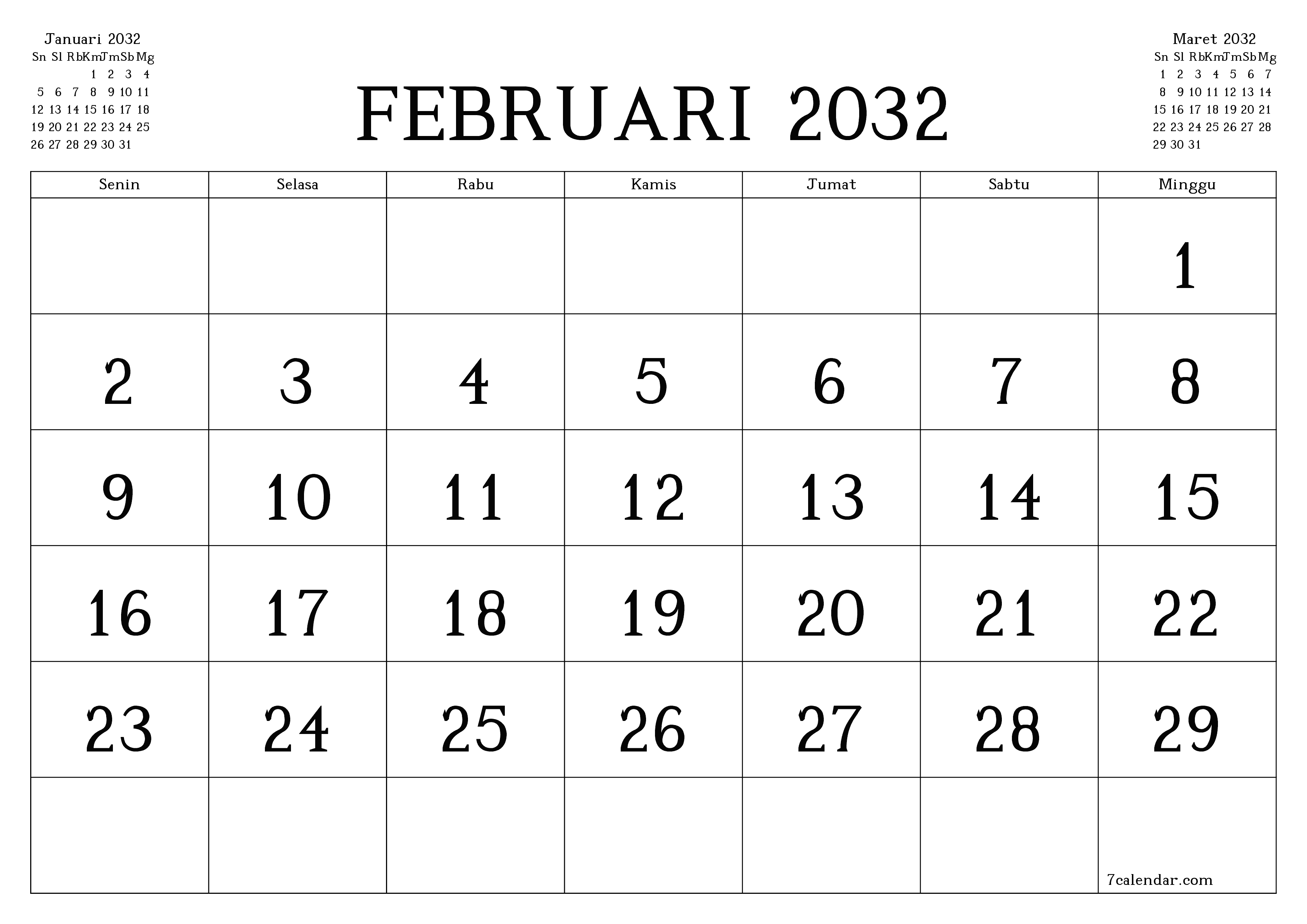 Kosongkan agenda bulanan untuk bulan Februari 2032 dengan catatan, simpan dan cetak ke PDF PNG Indonesian