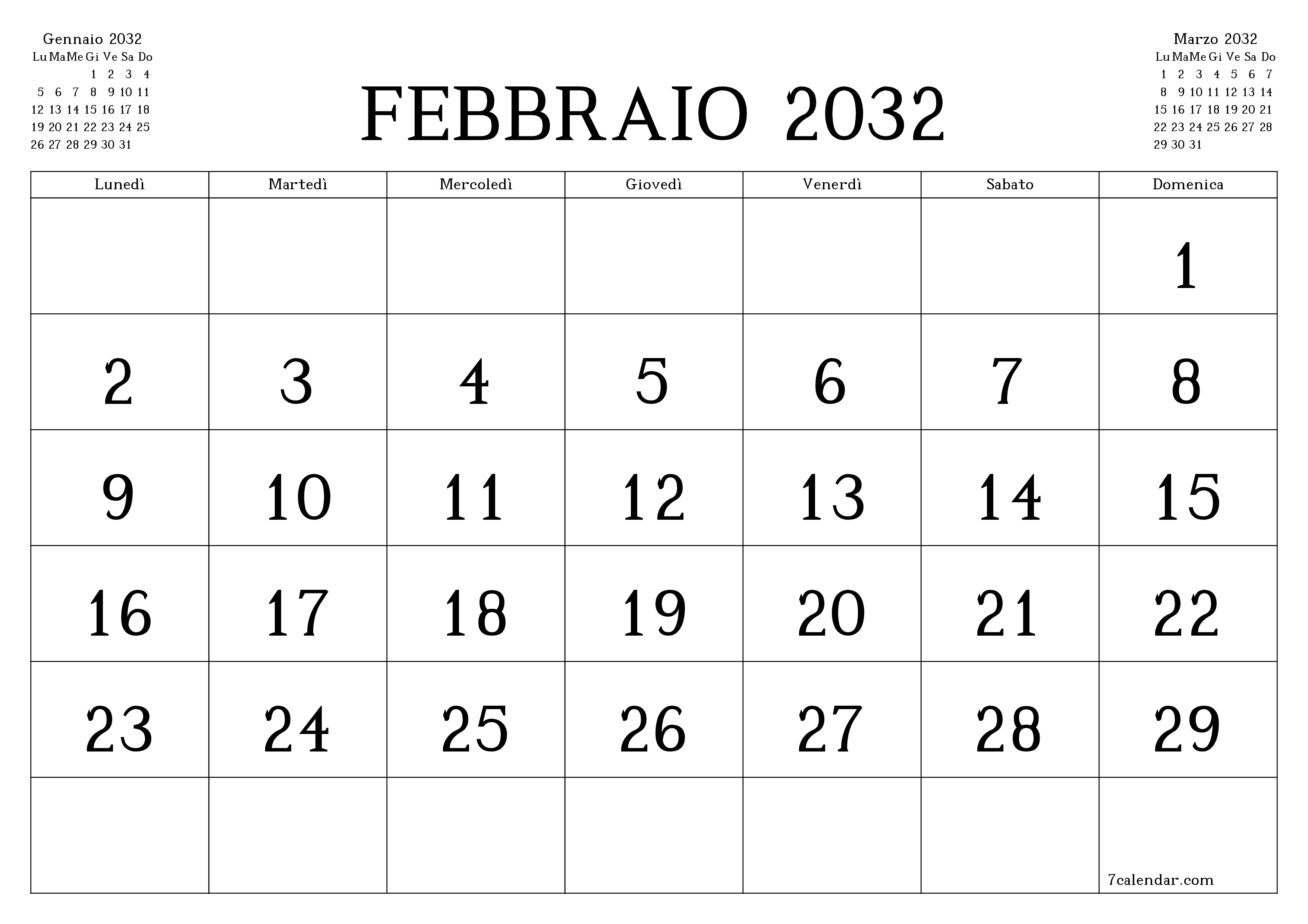 Pianificatore mensile vuoto per il mese Febbraio 2032 con note, salva e stampa in PDF PNG Italian