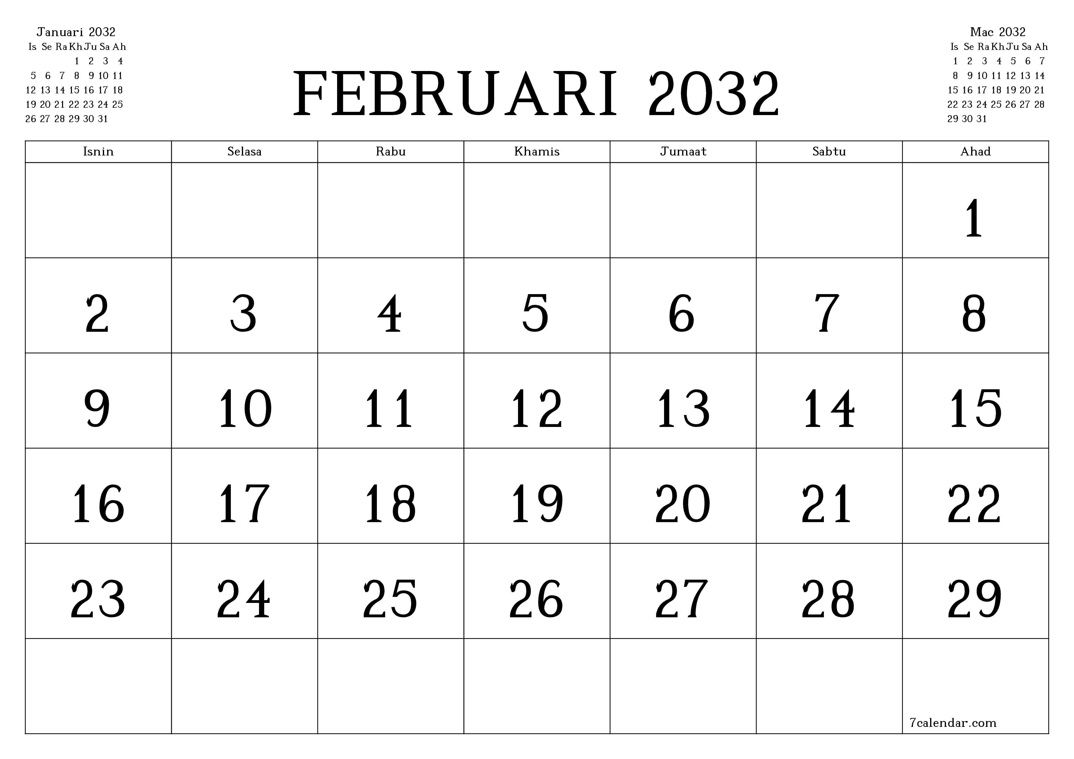 Perancang bulanan kosong untuk bulan Februari 2032 dengan nota, simpan dan cetak ke PDF PNG Malay