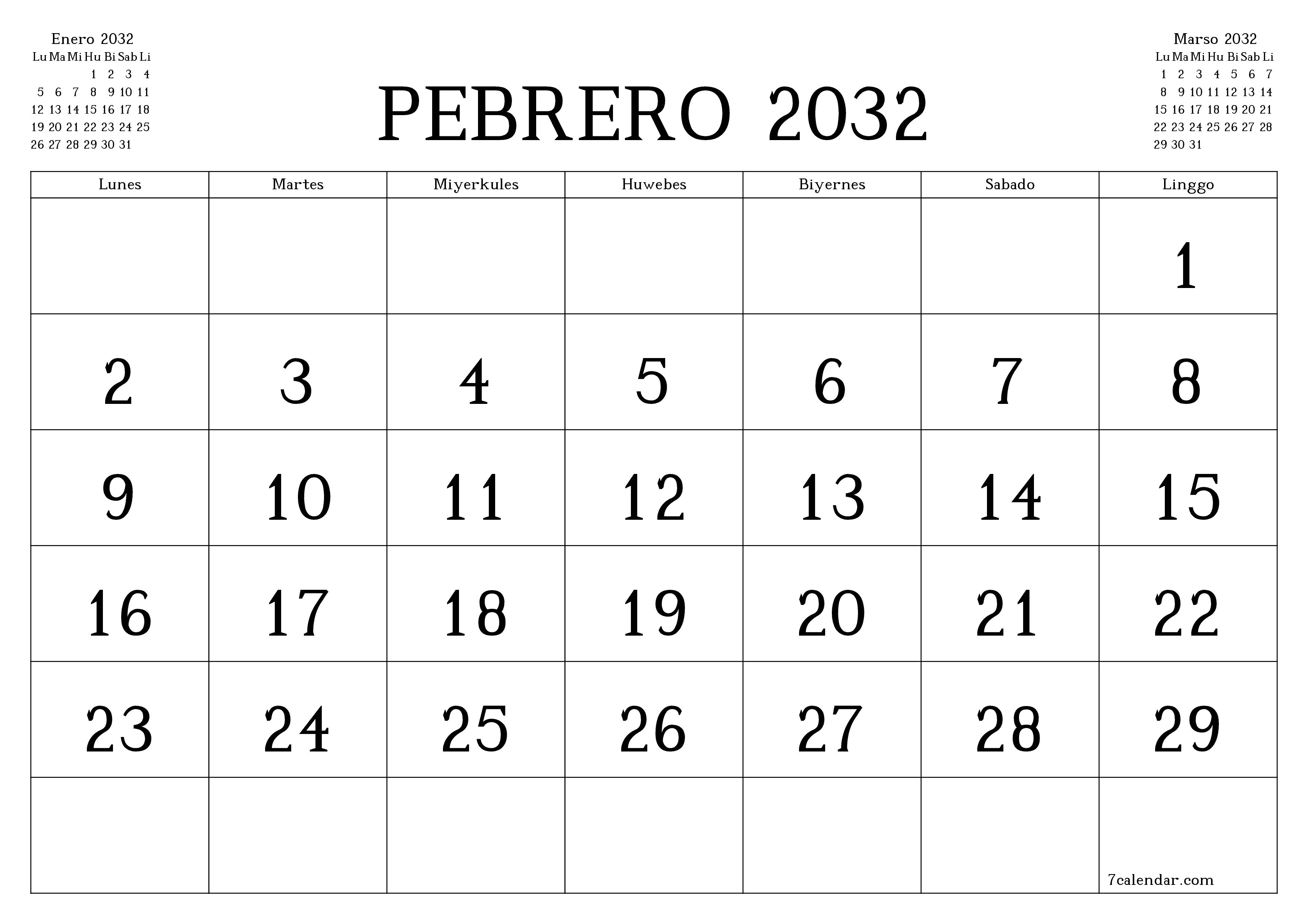 Walang laman na buwanang tagaplano para sa buwan na Pebrero 2032 na may mga tala, i-save at i-print sa PDF PNG Filipino