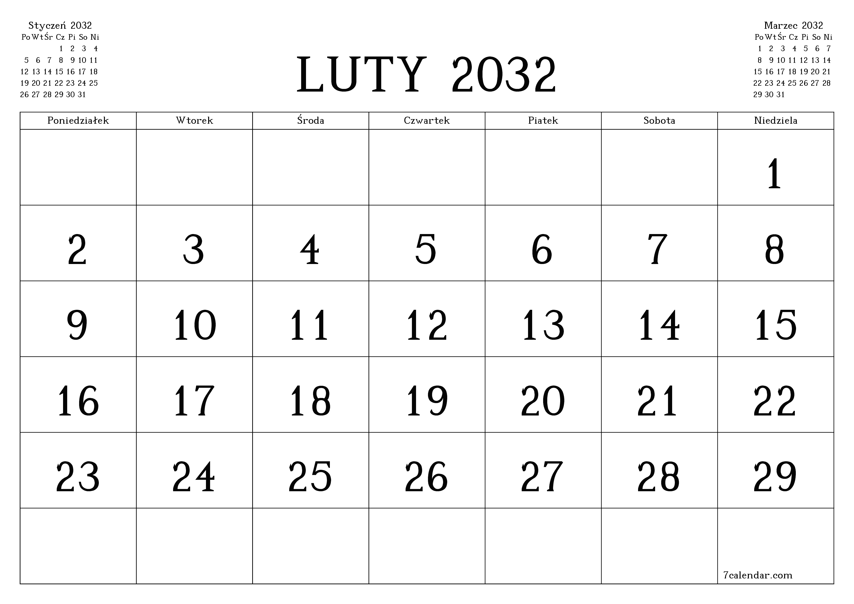 Opróżnij miesięczny planer na miesiąc Luty 2032 z notatkami, zapisz i wydrukuj w formacie PDF PNG Polish