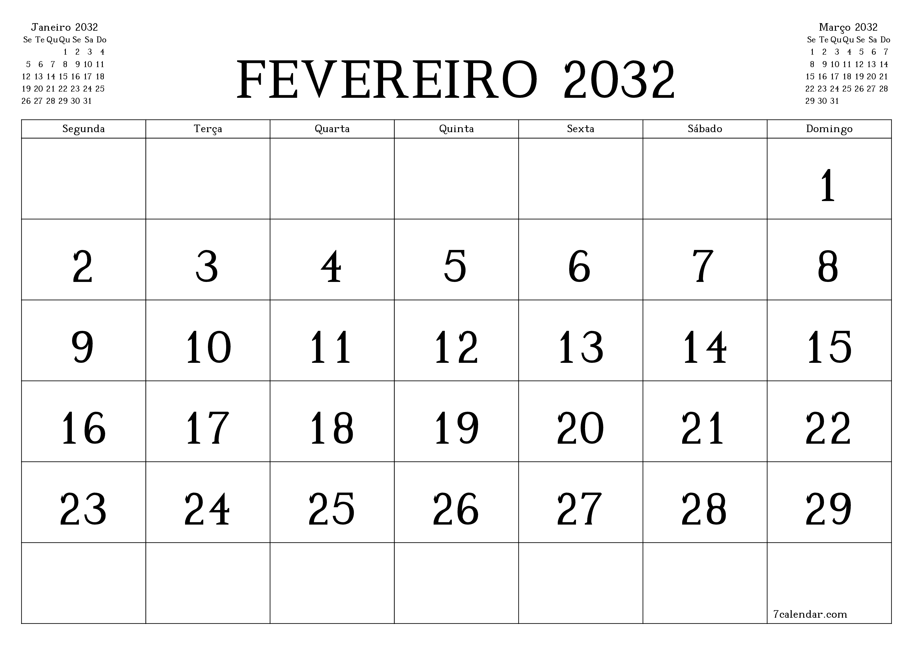 Esvazie o planejador mensal para o mês Fevereiro 2032 com notas, salve e imprima em PDF PNG Portuguese
