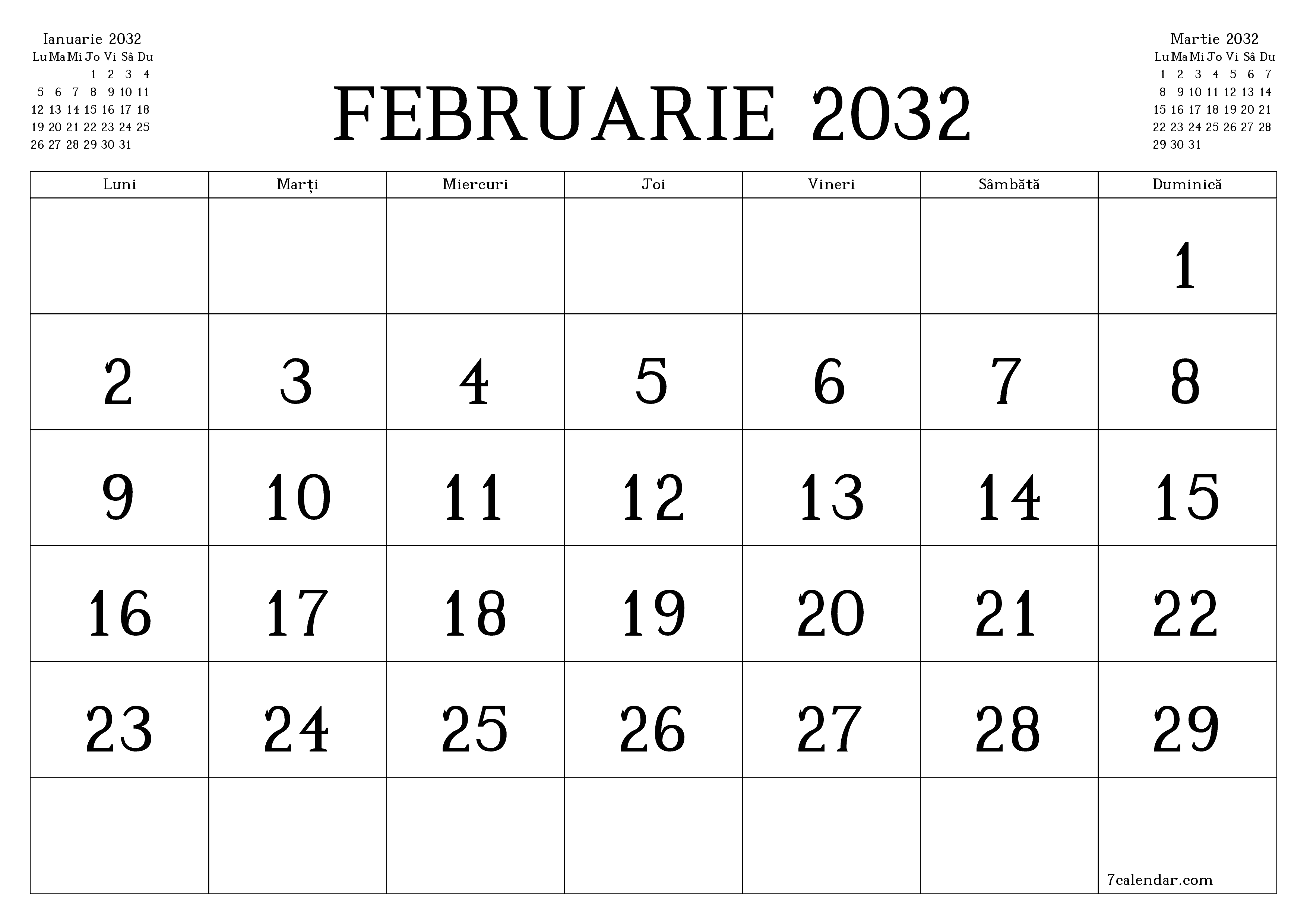 Planificator lunar gol pentru luna Februarie 2032 cu note, salvați și tipăriți în PDF PNG Romanian