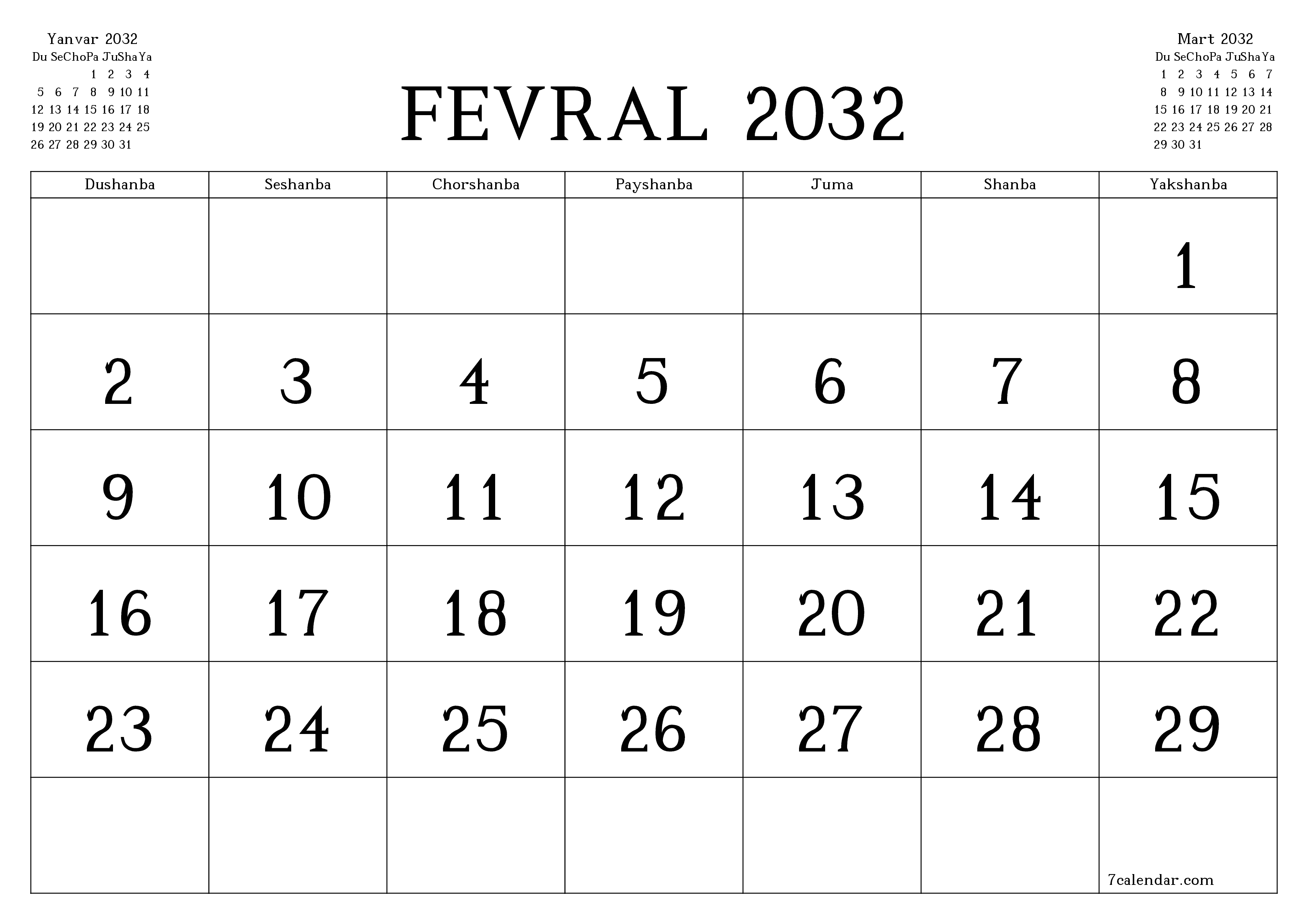 Fevral 2032 oylik oylik rejalashtiruvchini yozuvlar bilan bo'shatish, saqlash va PDF-ga chop etish PNG Uzbek