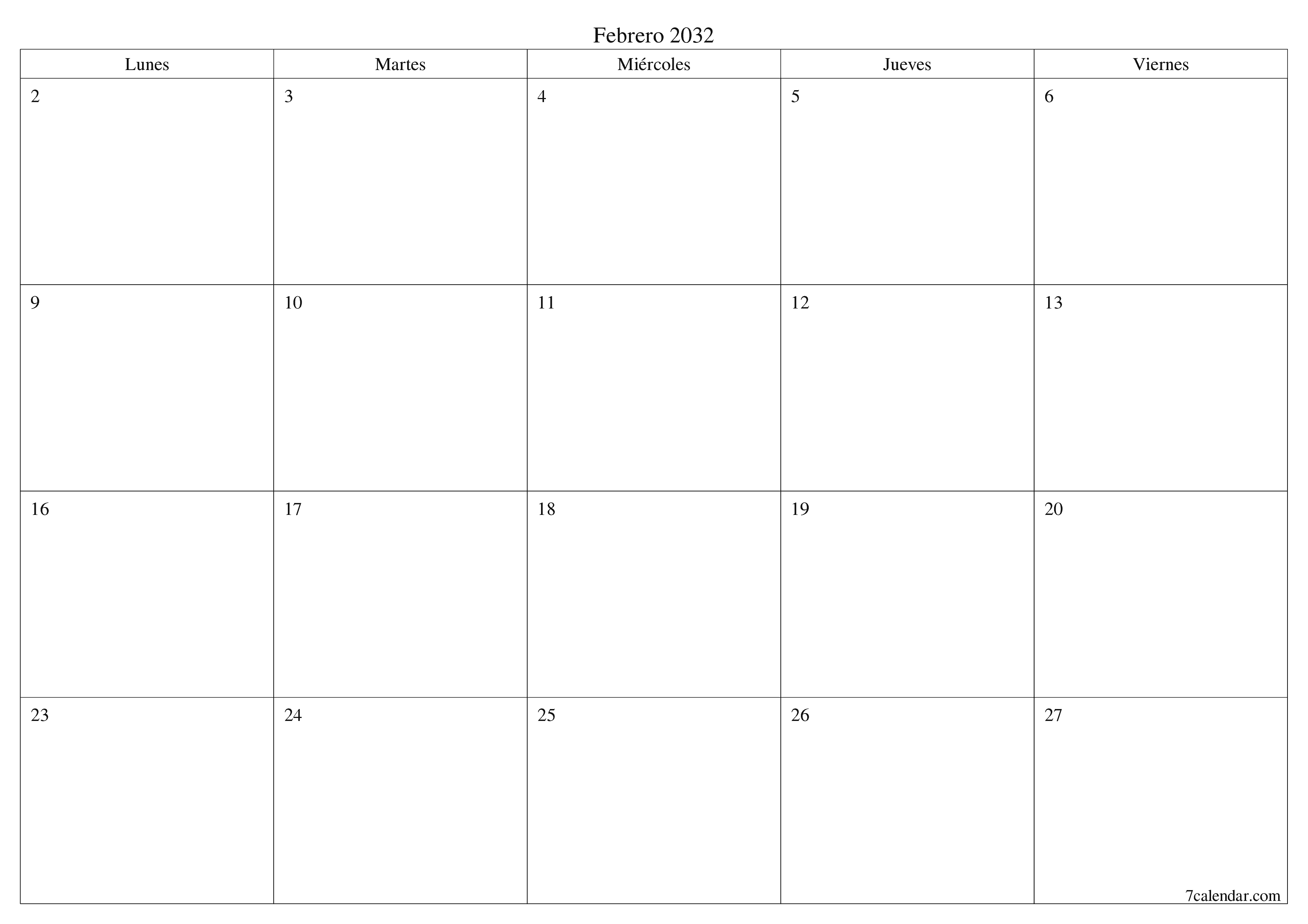Planificador mensual vacío para el mes Febrero 2032 con notas, guardar e imprimir en PDF PNG Spanish