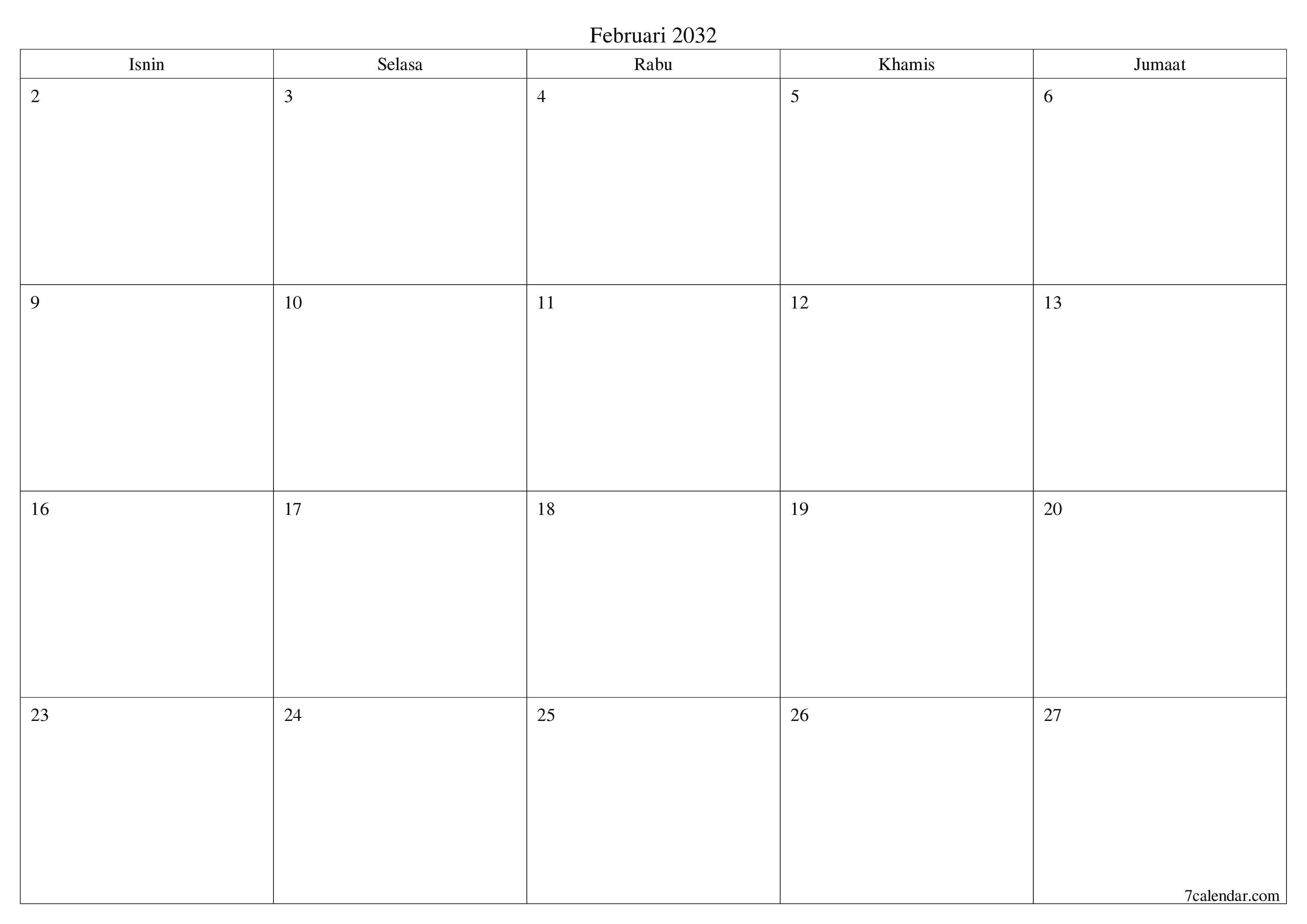 Perancang bulanan kosong untuk bulan Februari 2032 dengan nota, simpan dan cetak ke PDF PNG Malay