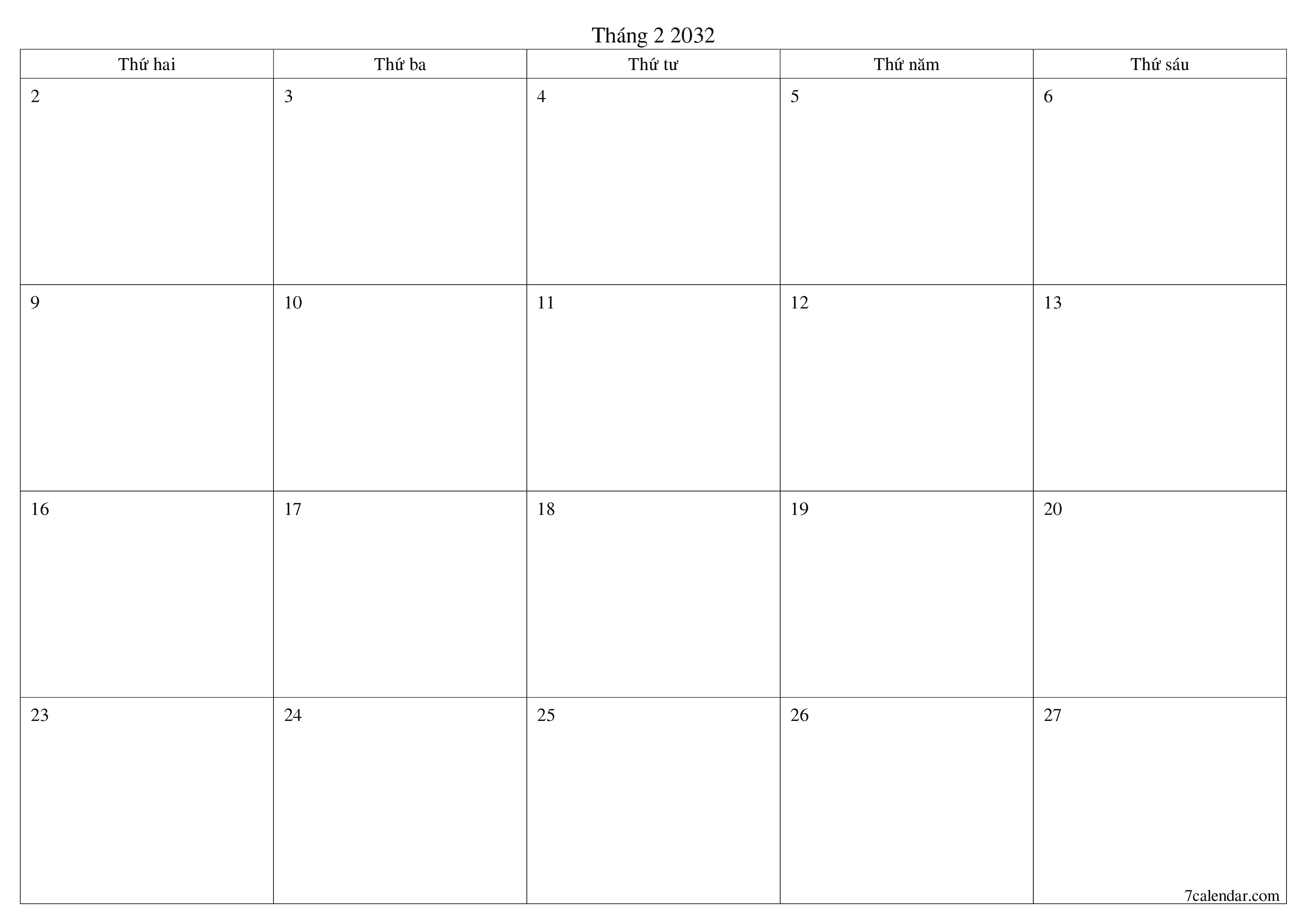 Công cụ lập kế hoạch hàng tháng trống cho tháng Tháng 2 2032 có ghi chú, lưu và in sang PDF PNG Vietnamese