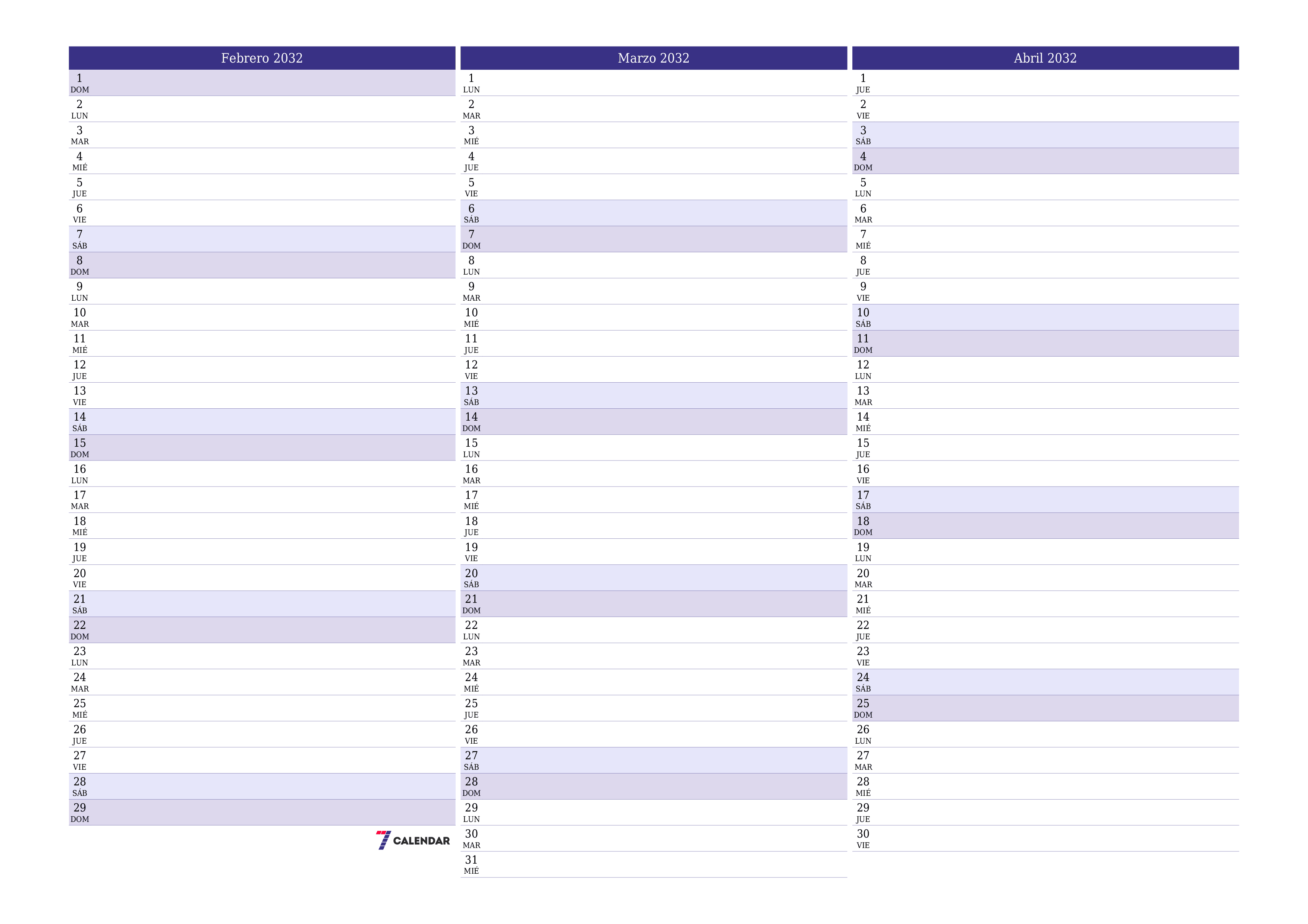 Planificador mensual vacío para el mes Febrero 2032 con notas, guardar e imprimir en PDF PNG Spanish