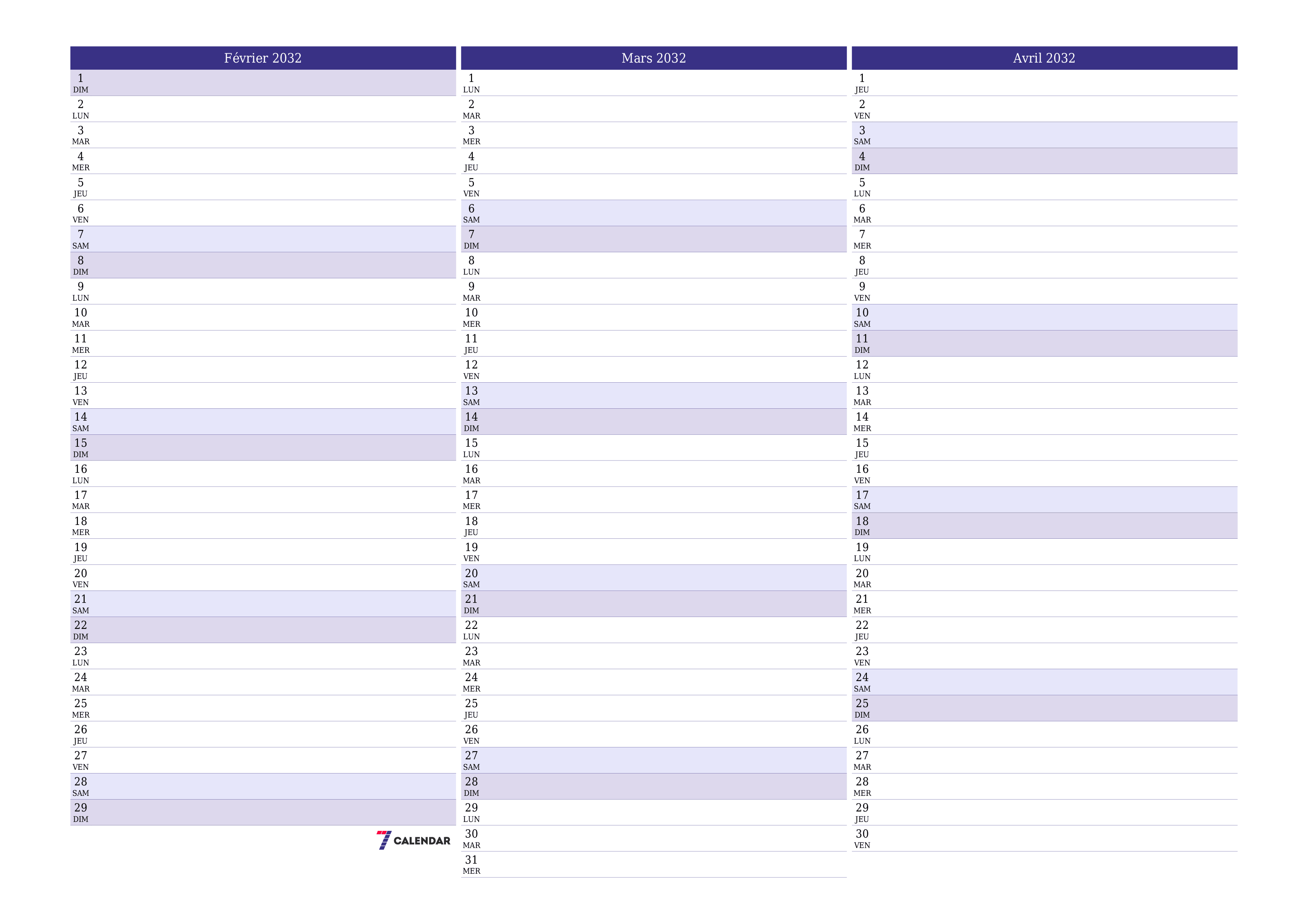 Agenda mensuel vide pour le mois Février 2032 avec notes, enregistrez et imprimez au format PDF PNG French