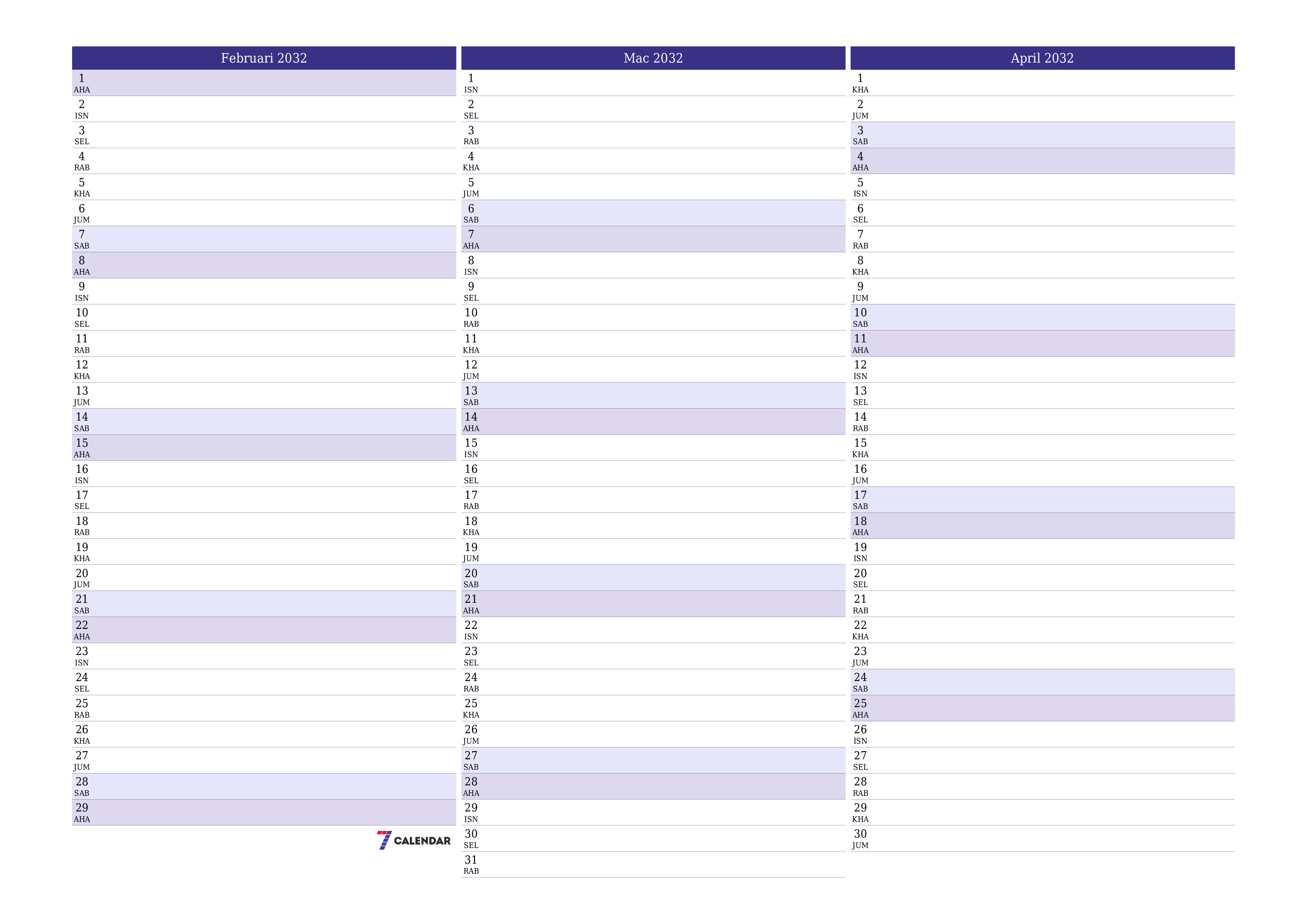 Perancang bulanan kosong untuk bulan Februari 2032 dengan nota, simpan dan cetak ke PDF PNG Malay