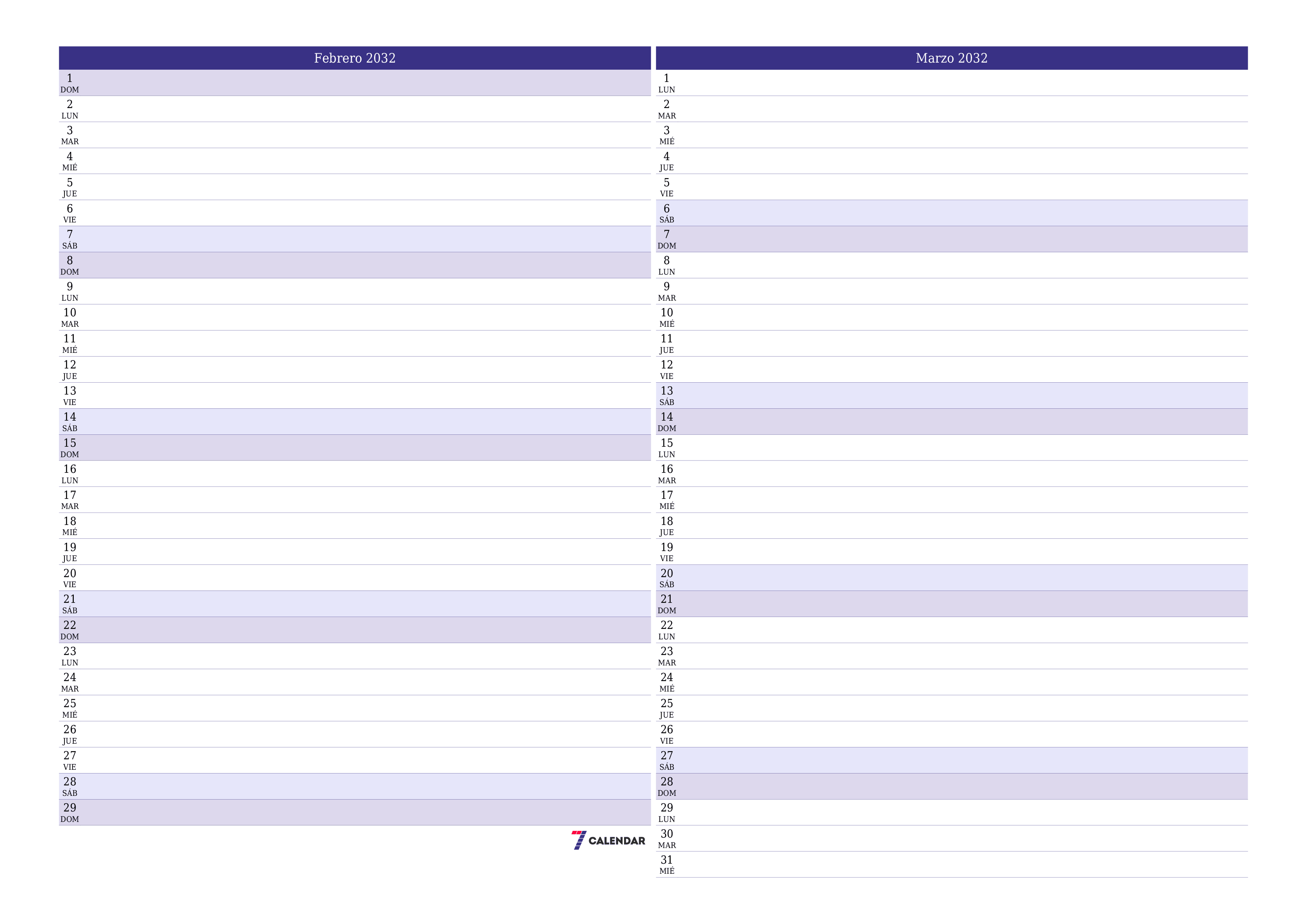 Planificador mensual vacío para el mes Febrero 2032 con notas, guardar e imprimir en PDF PNG Spanish