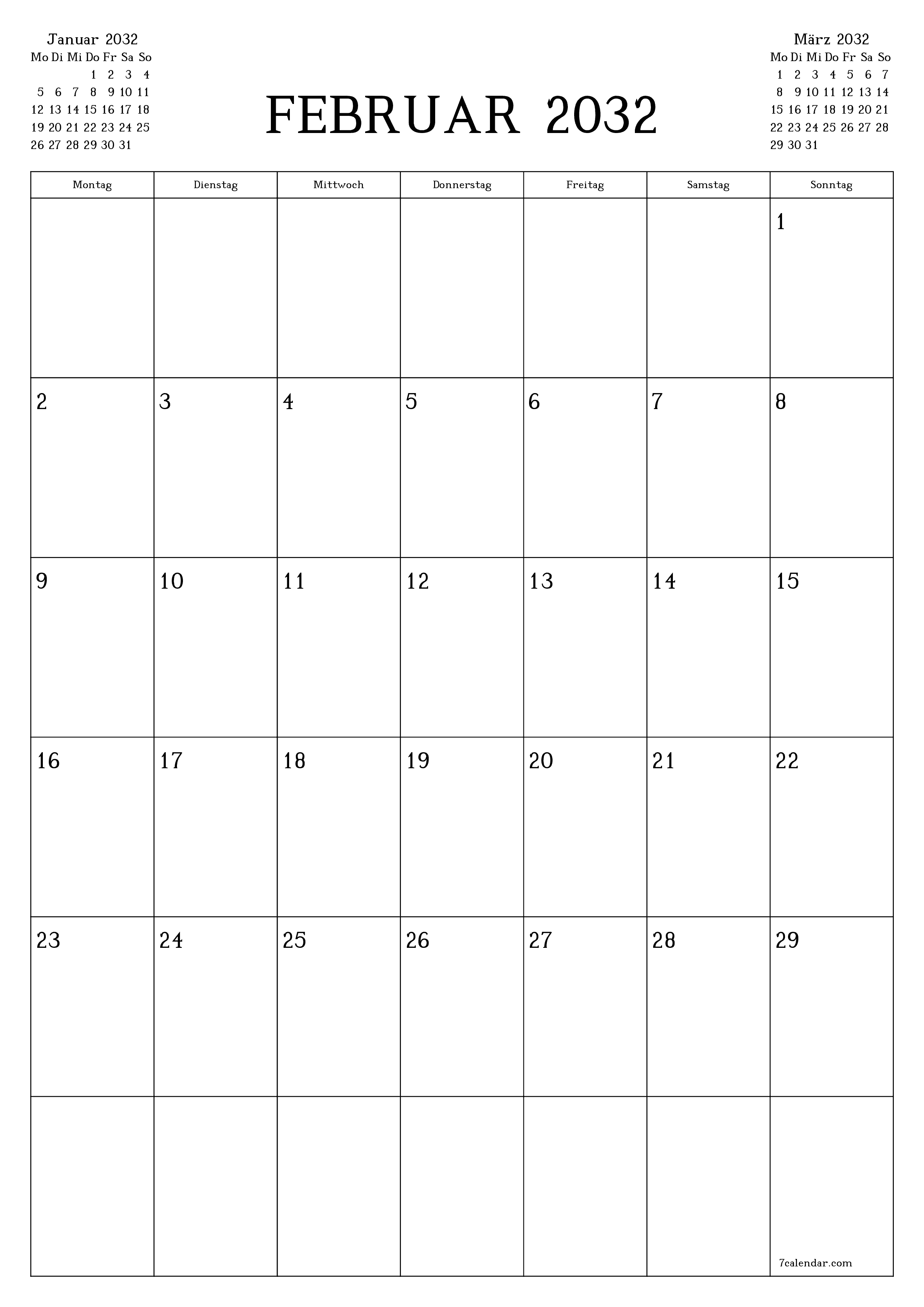  zum Ausdrucken Wandkalender vorlage kostenloser vertikal Monatlich Planer Kalender Februar (Feb) 2032