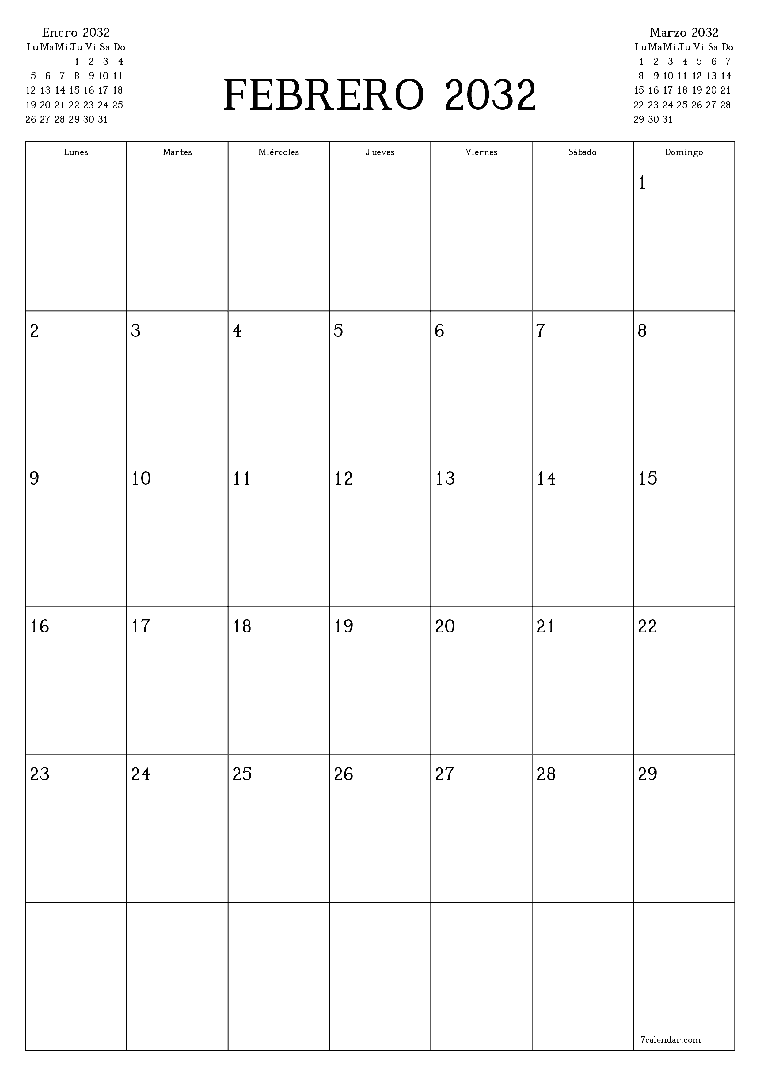  imprimible de pared plantilla de gratisvertical Mensual planificador calendario Febrero (Feb) 2032