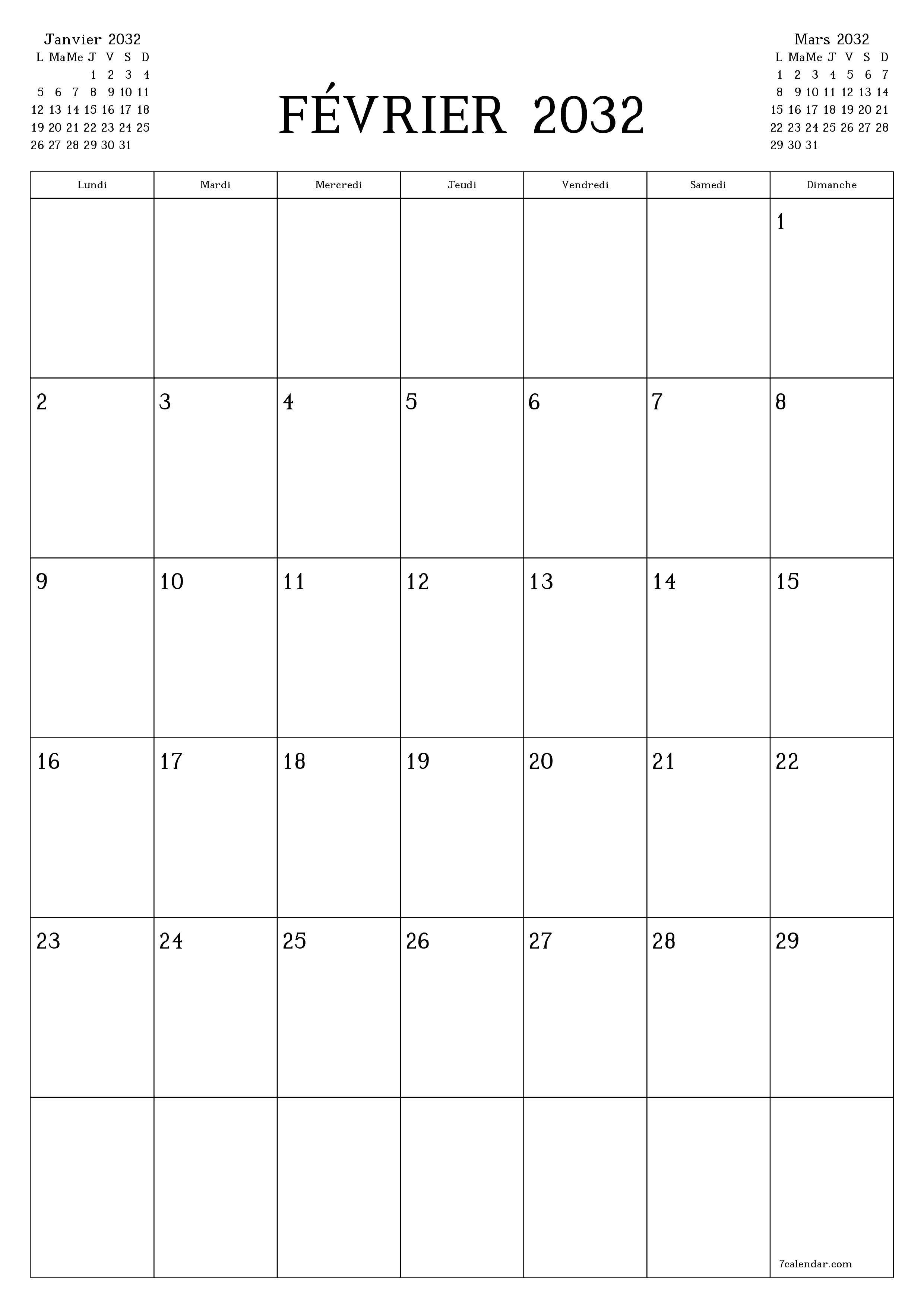  imprimable mural modèle de gratuitverticale Mensuel planificateur calendrier Février (Fév) 2032