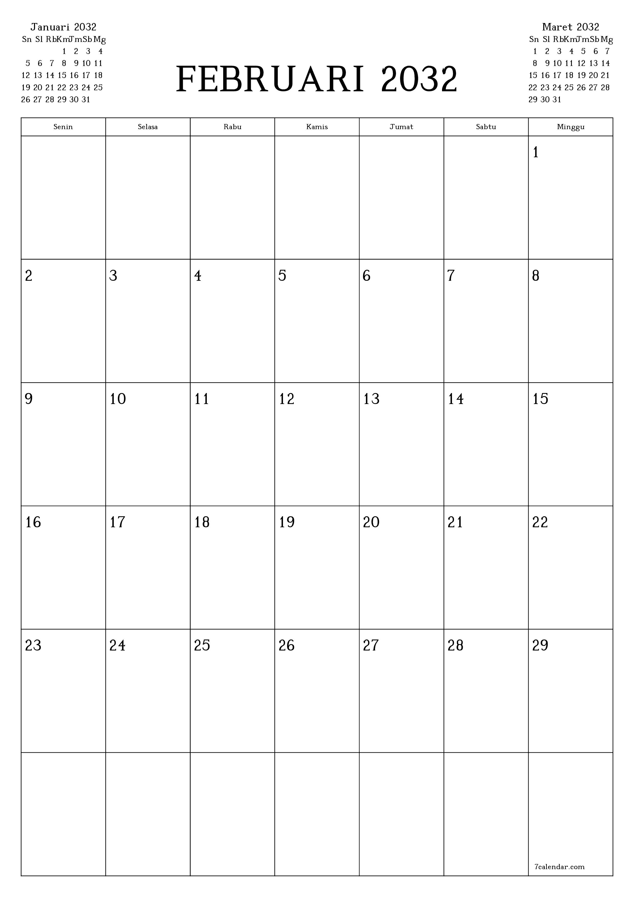Kosongkan agenda bulanan untuk bulan Februari 2032 dengan catatan, simpan dan cetak ke PDF PNG Indonesian