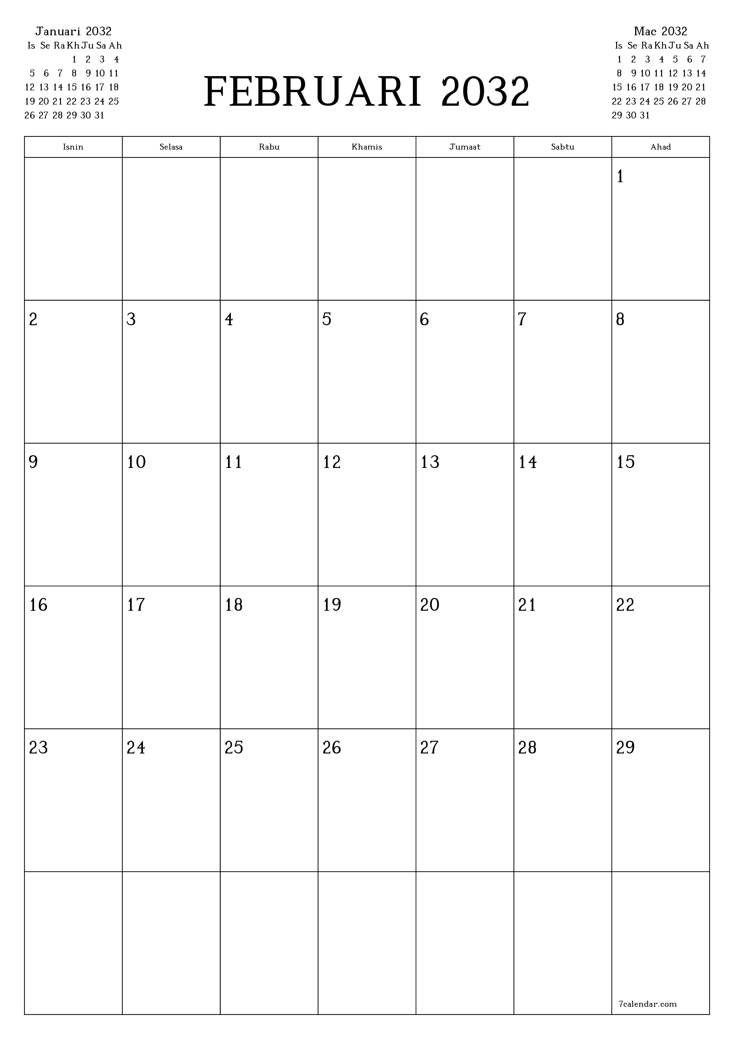 Perancang bulanan kosong untuk bulan Februari 2032 dengan nota, simpan dan cetak ke PDF PNG Malay