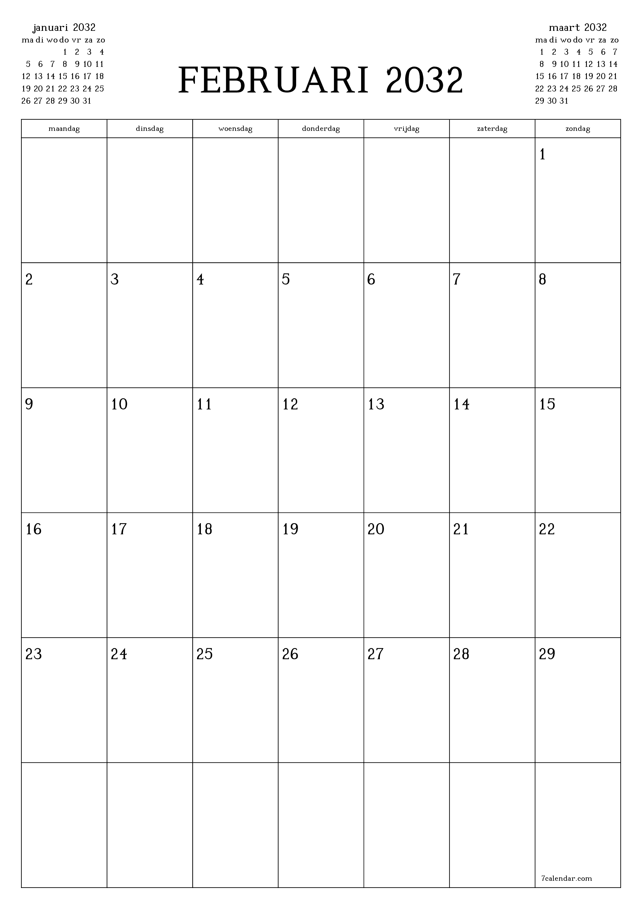 Lege maandplanner voor maand februari 2032 met notities, opslaan en afdrukken naar pdf PNG Dutch