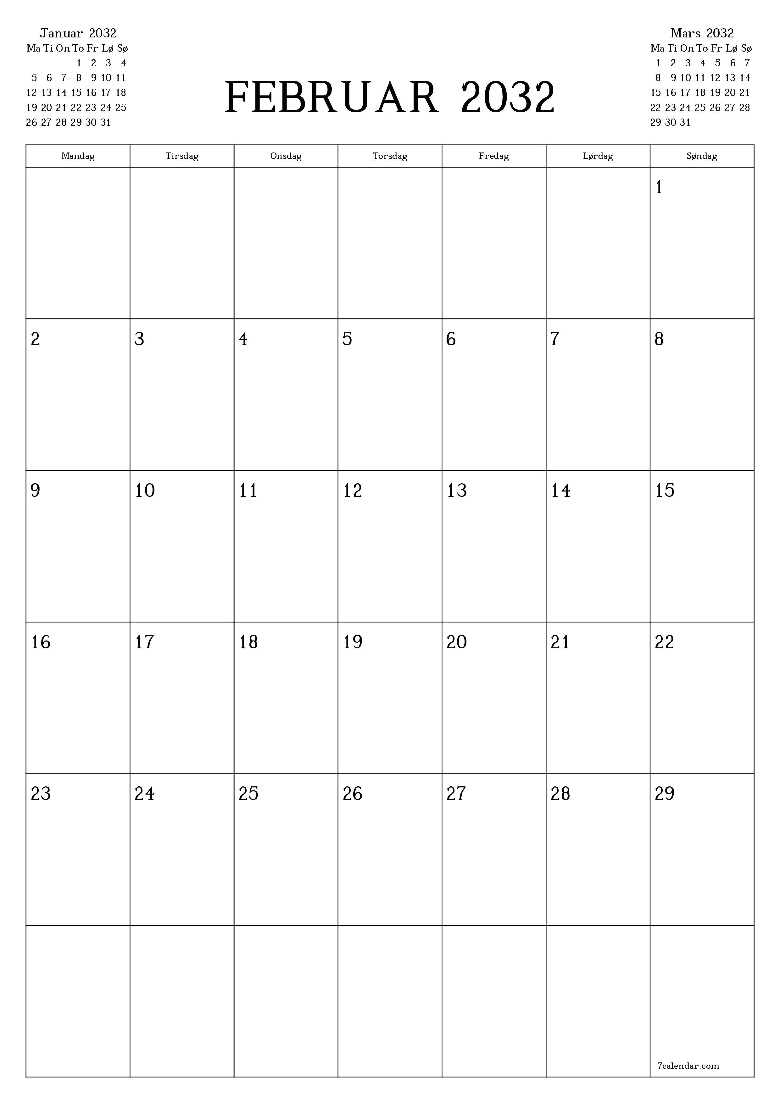 utskrivbar vegg mal gratis vertikal Månedlig planlegger kalender Februar (Feb) 2032