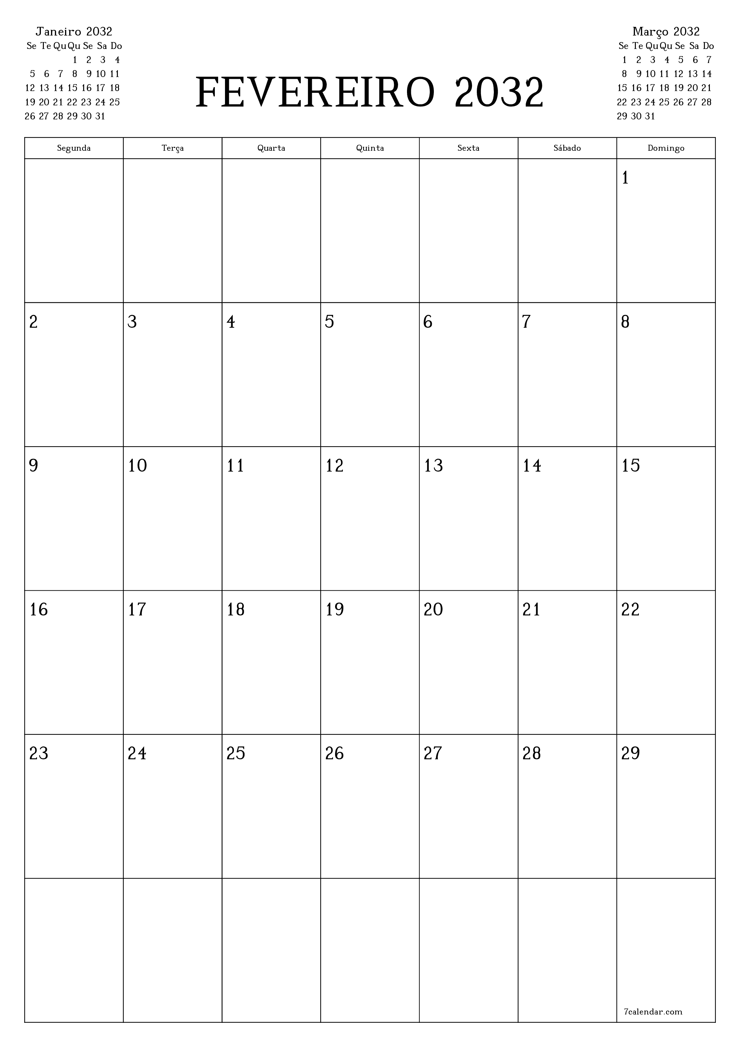  para impressão de parede modelo de grátisvertical Mensal planejador calendário Fevereiro (Fev) 2032