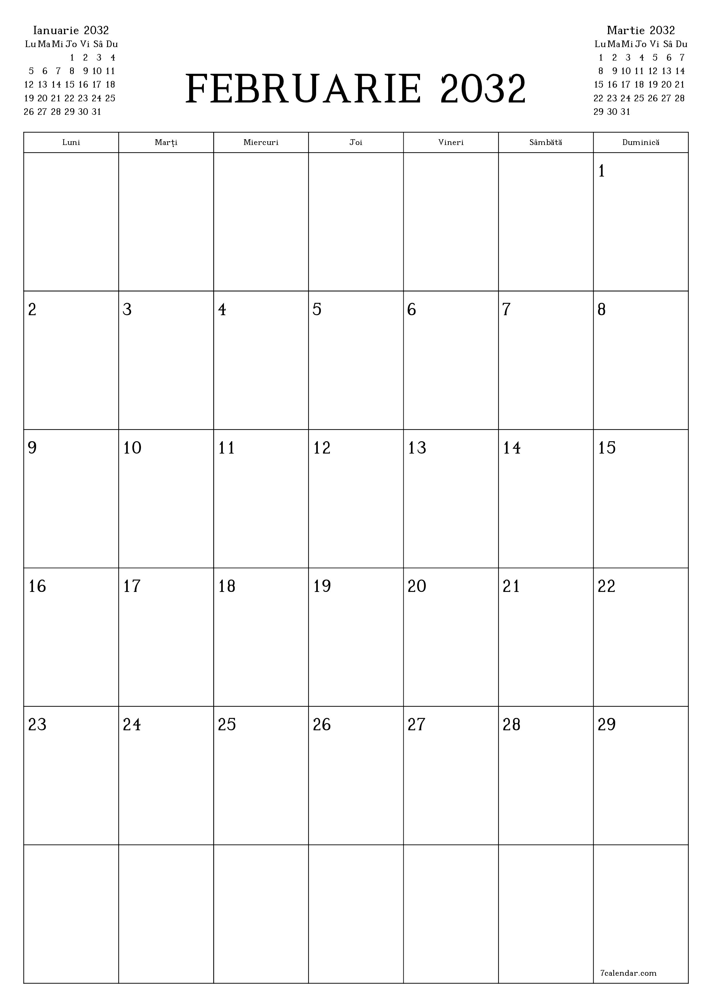  imprimabil de perete șablon de gratuitvertical Lunar planificator calendar Februarie (Feb) 2032