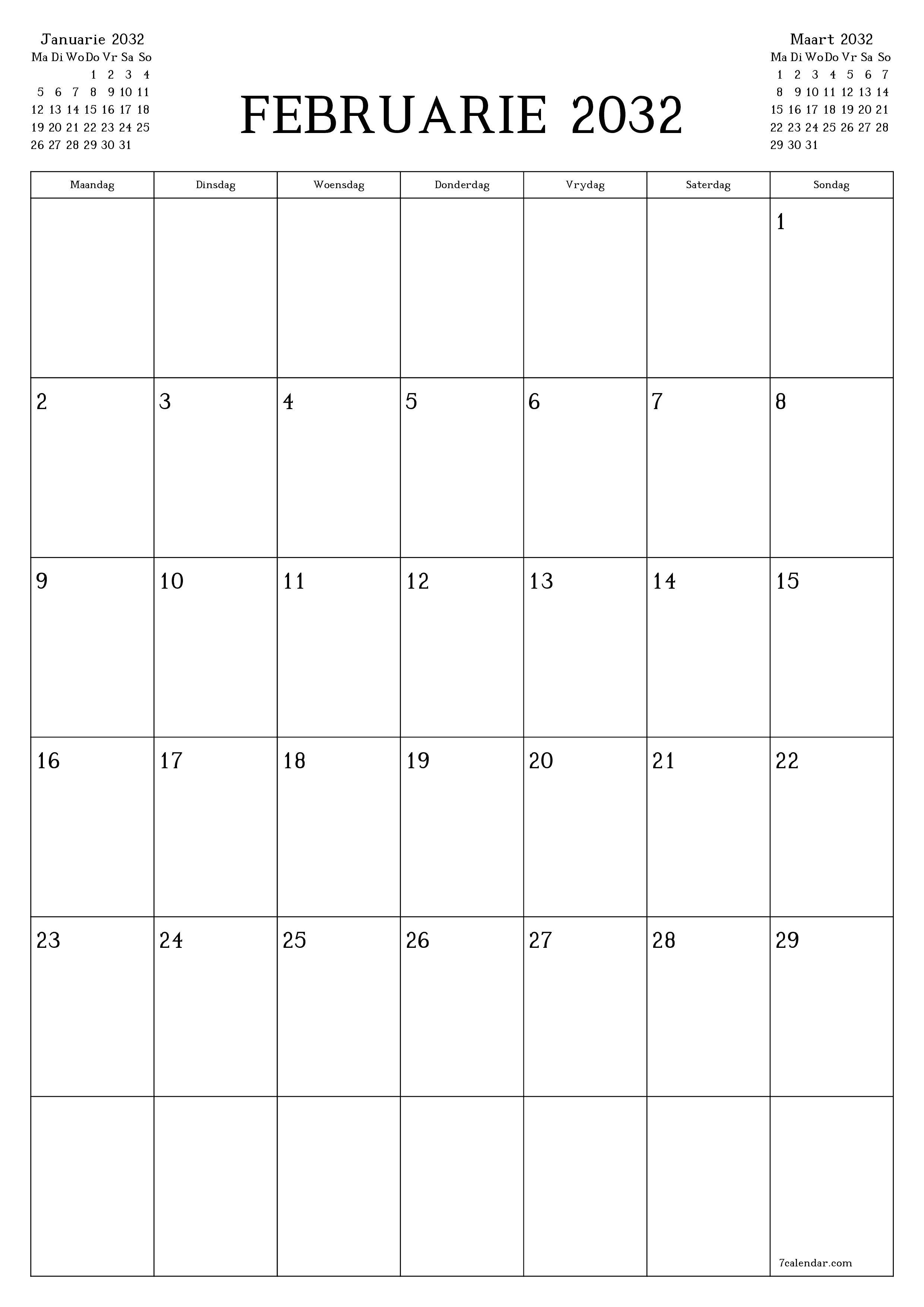 Leë maandelikse drukbare kalender en beplanner vir maand Februarie 2032 met notas stoor en druk na PDF PNG Afrikaans