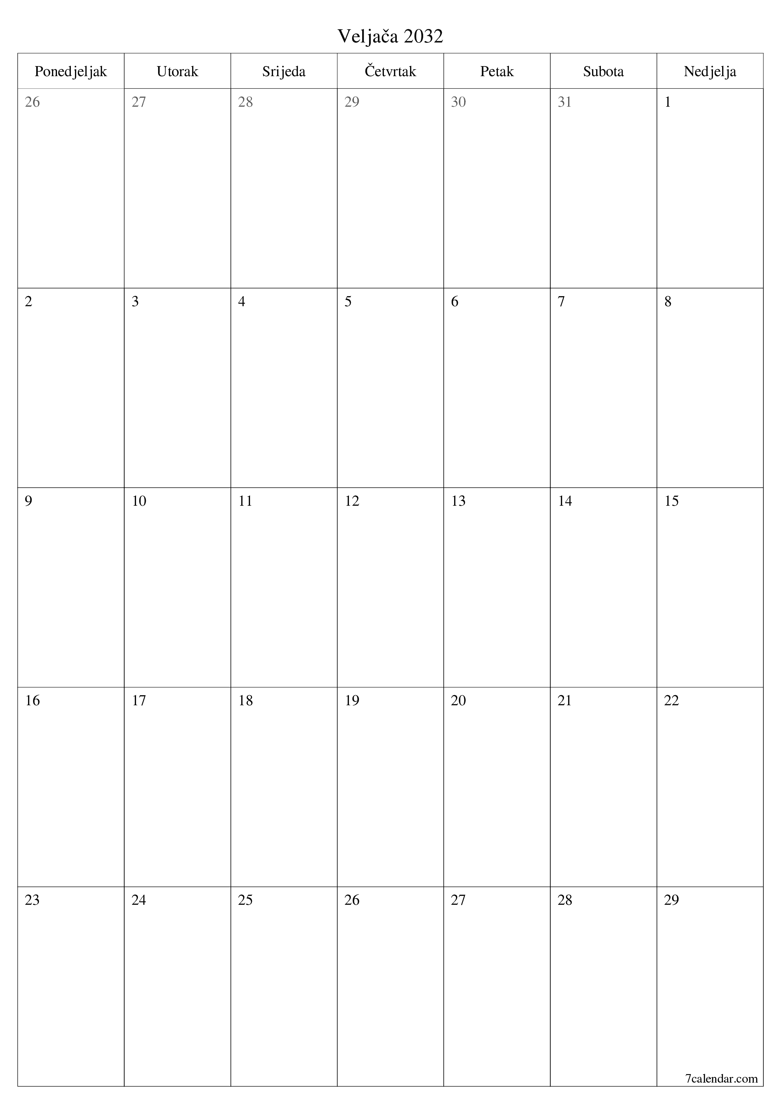  za ispis zidni predložak a besplatni okomito Mjesečni planer kalendar Veljača (Vel) 2032